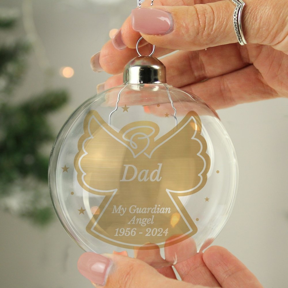 Personalised Name Gold Angel Christmas Tree Glass Bauble