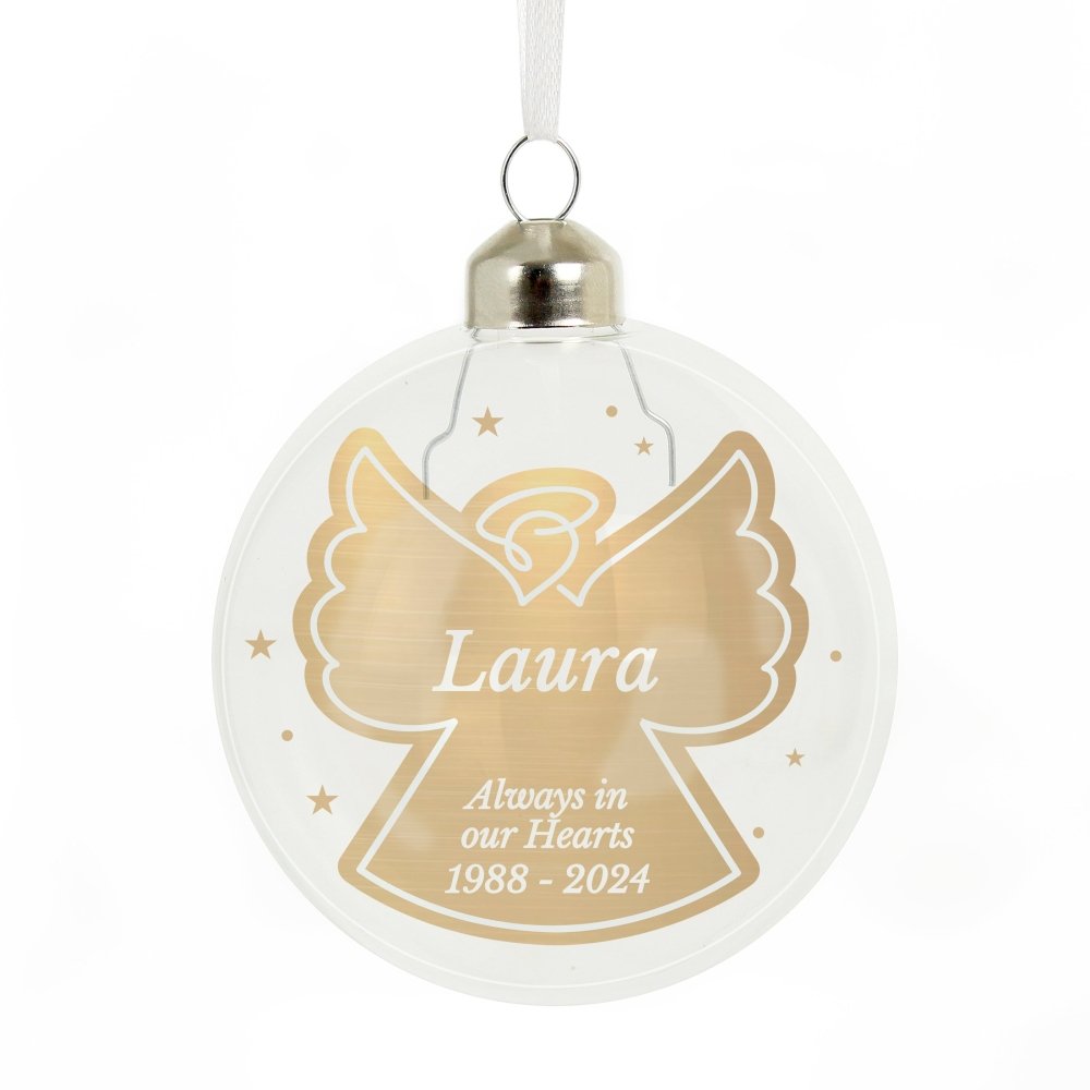 Personalised Name Gold Angel Christmas Tree Glass Bauble