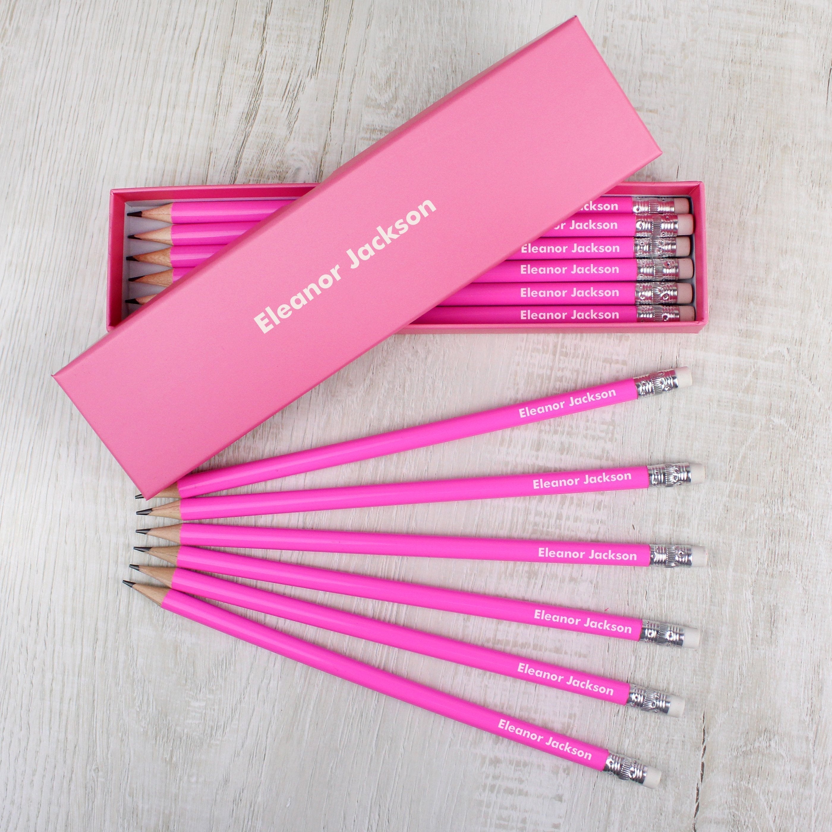 Personalised Name Only Box And 12 Pink HB Pencils
