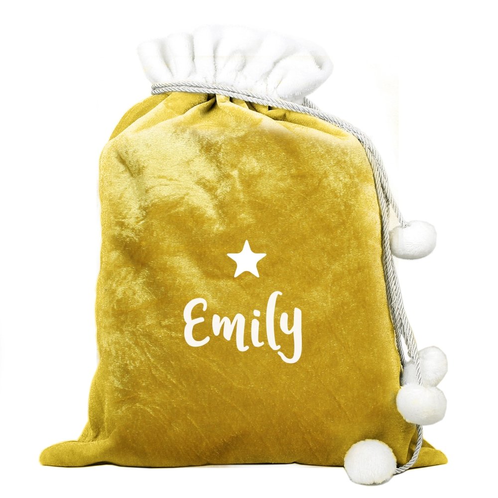 Personalised Name Only Gold Luxury Pom Pom Children's Christmas Sack