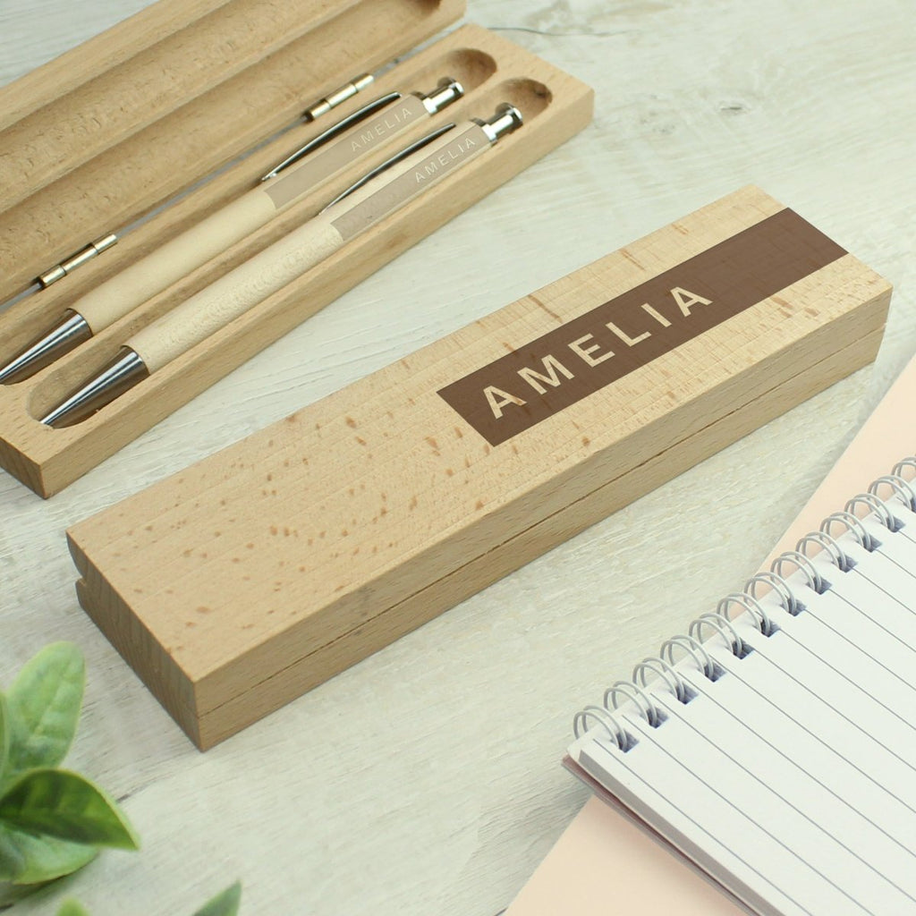 Personalised Name Only Wooden Pen And Pencil Set