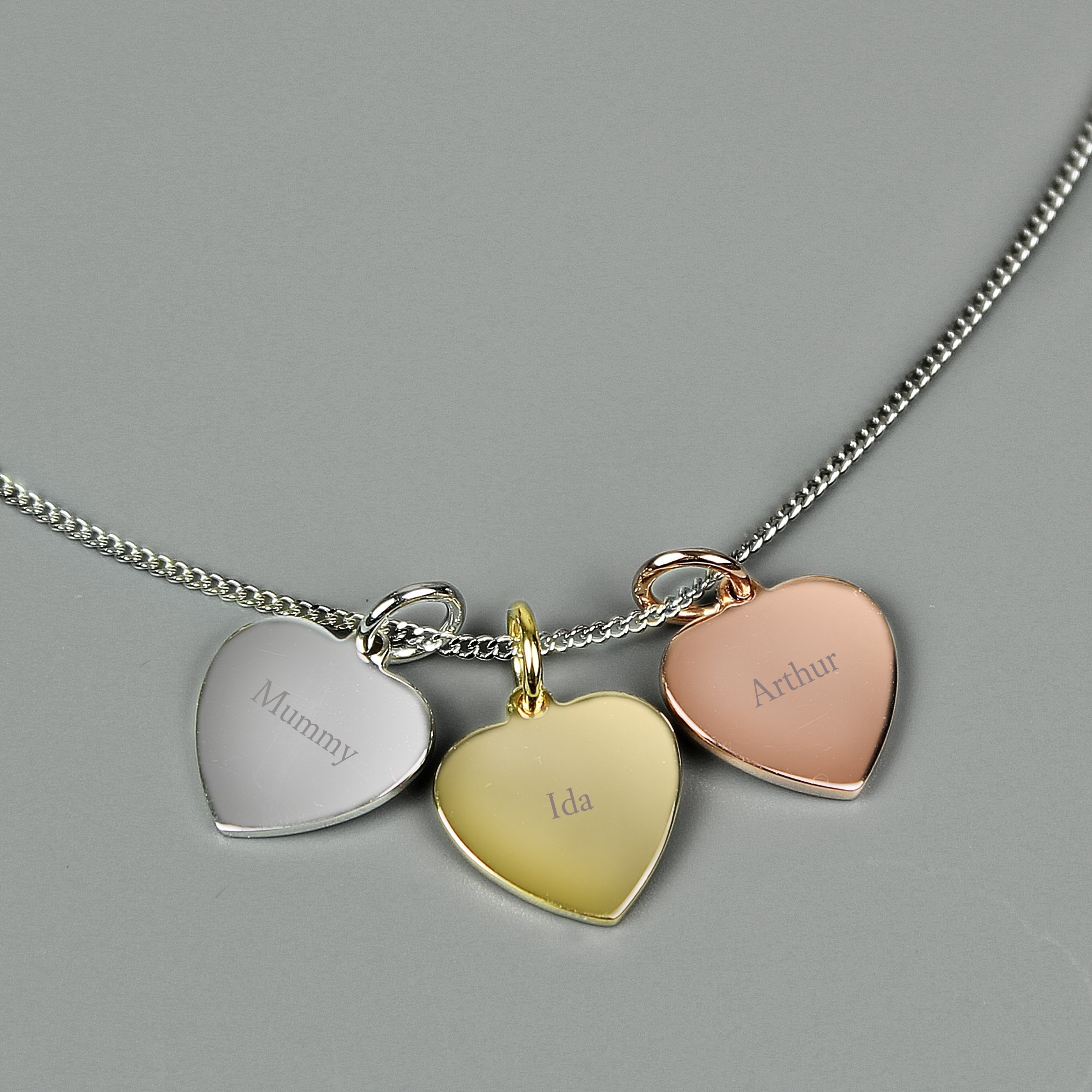 Personalised Names Gold Rose Gold And Silver 3 Hearts Necklace