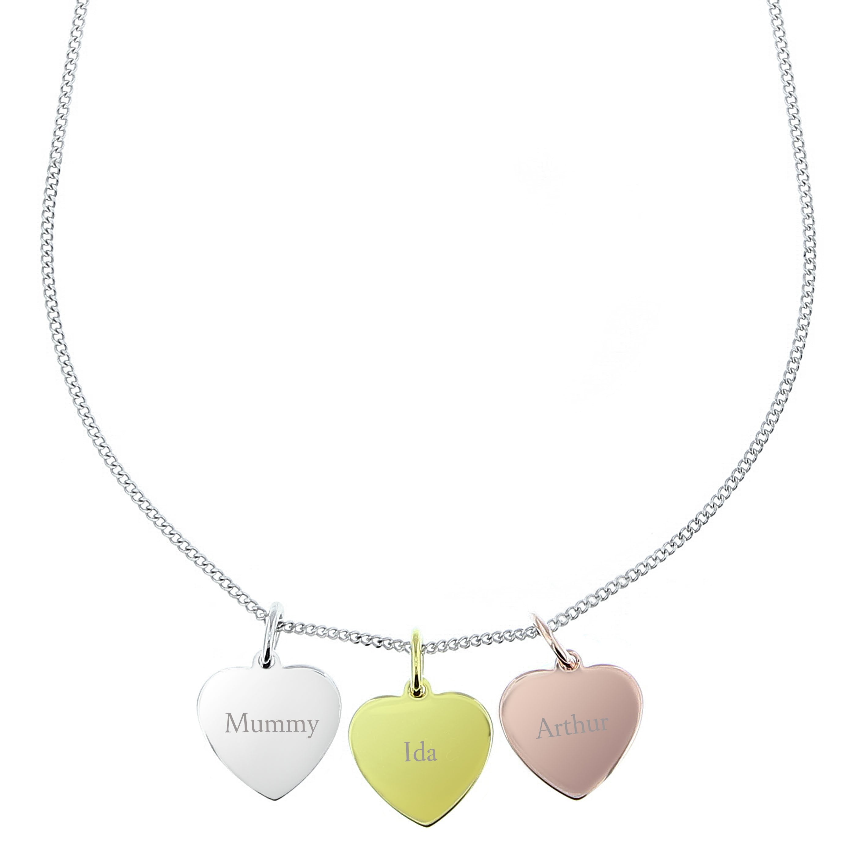 Personalised Names Gold Rose Gold And Silver 3 Hearts Necklace