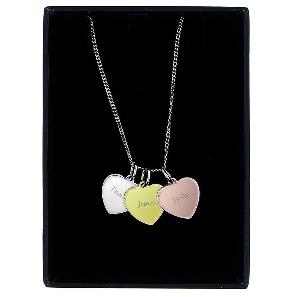 Personalised Names Gold Rose Gold And Silver 3 Hearts Necklace