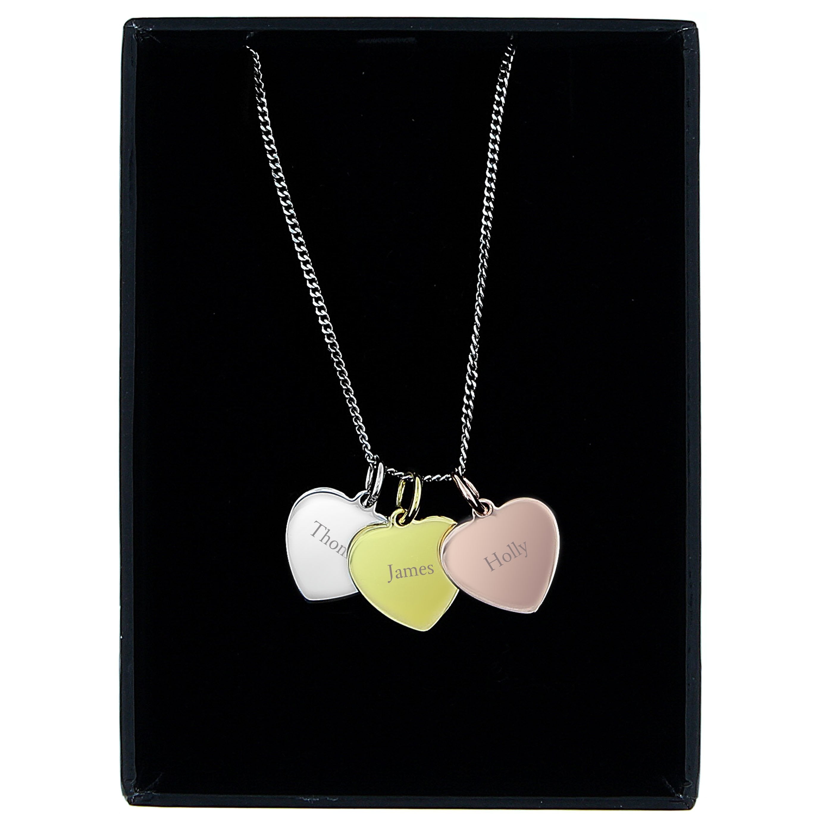 Personalised Names Gold Rose Gold And Silver 3 Hearts Necklace