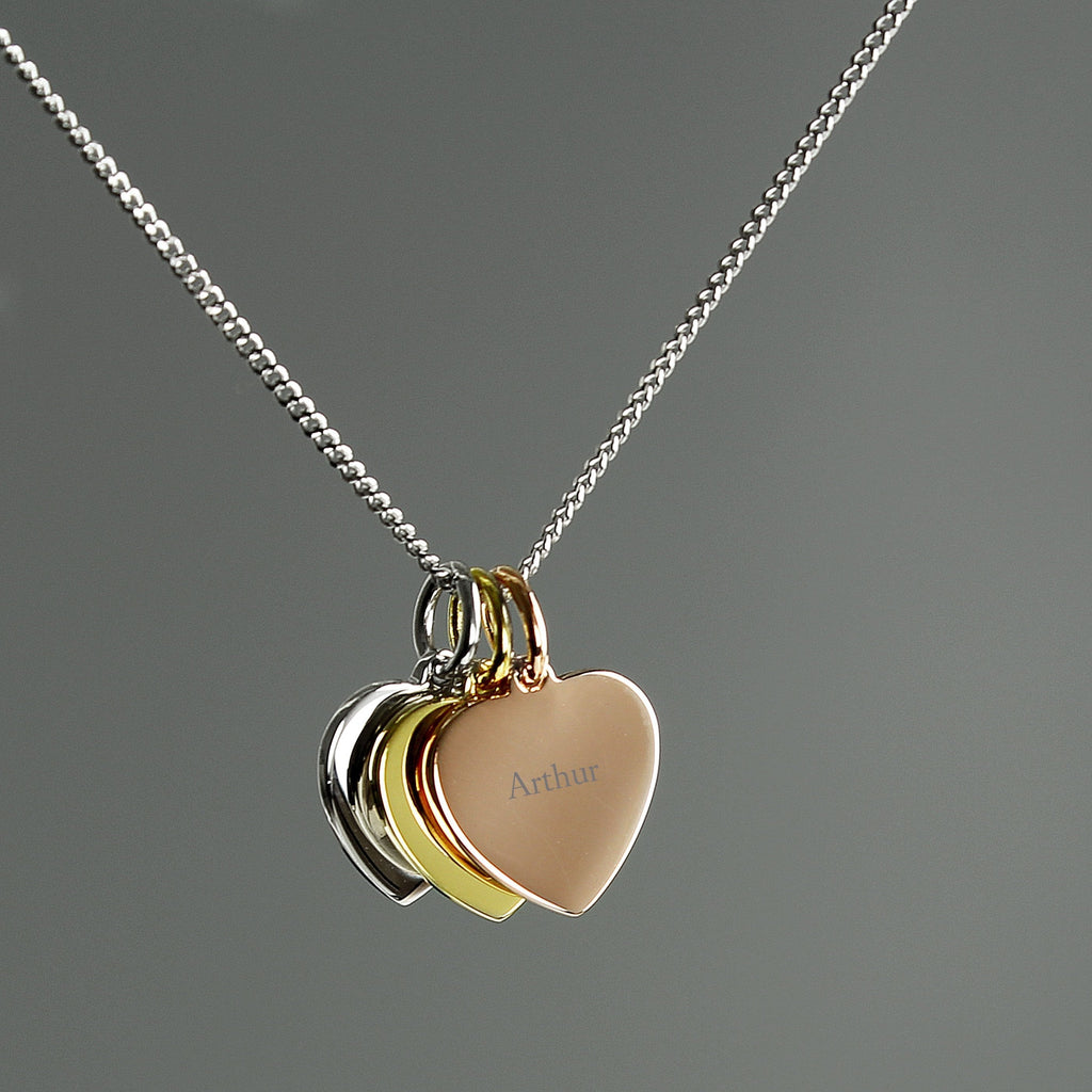 Personalised Names Gold Rose Gold And Silver 3 Hearts Necklace