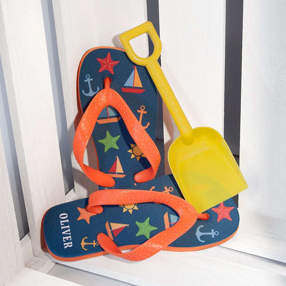 Personalised Navy Fun At The Beach Child's Flip Flops