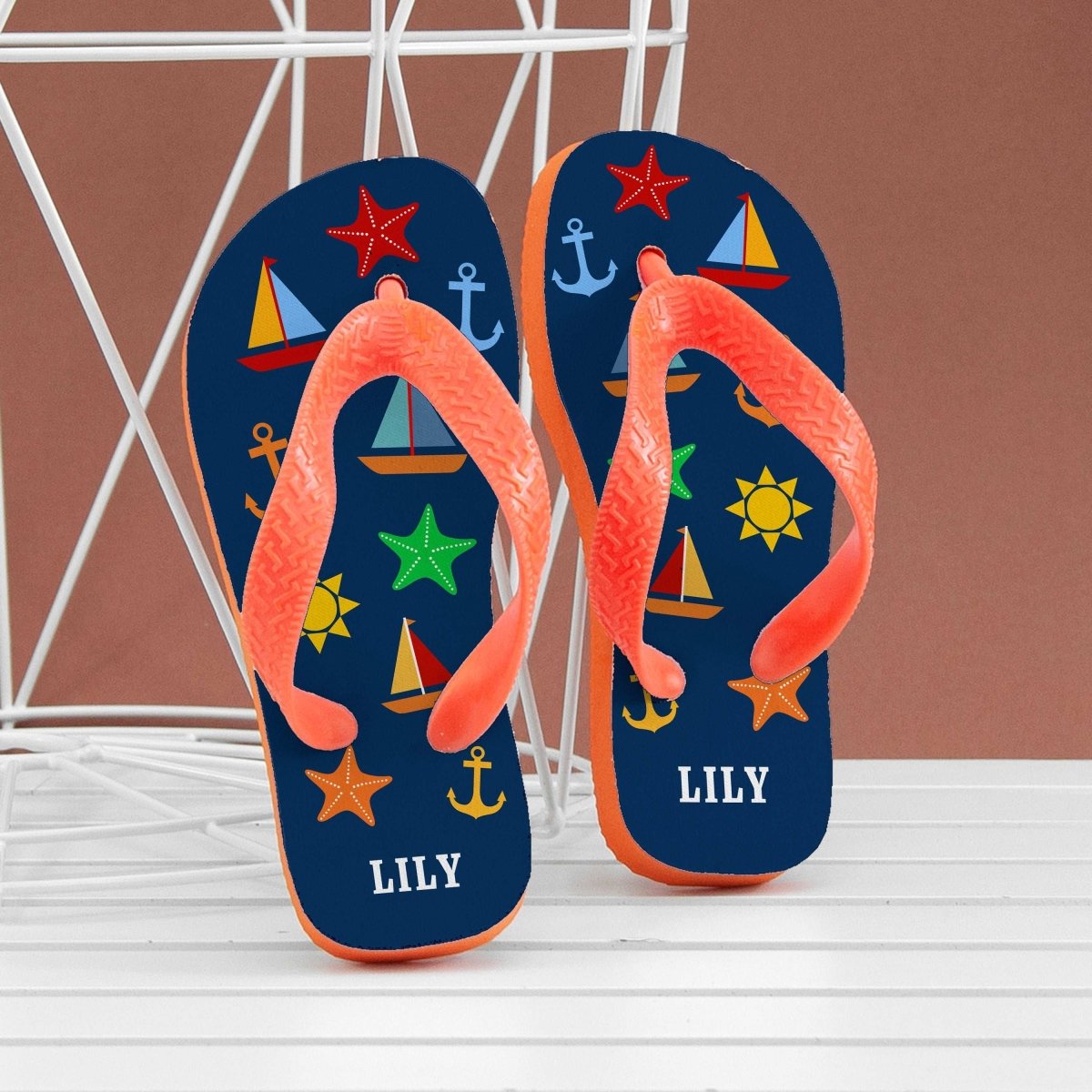 Personalised Navy Fun At The Beach Child's Flip Flops