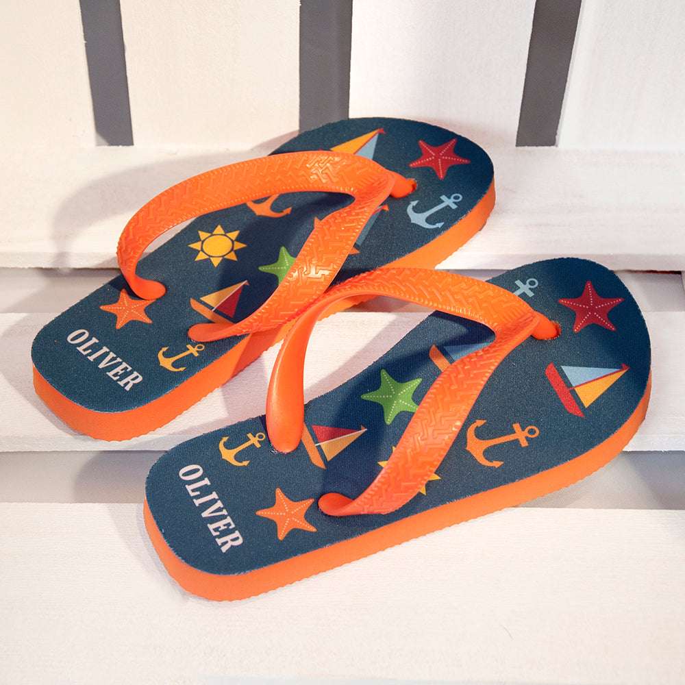 Personalised Navy Fun At The Beach Child's Flip Flops