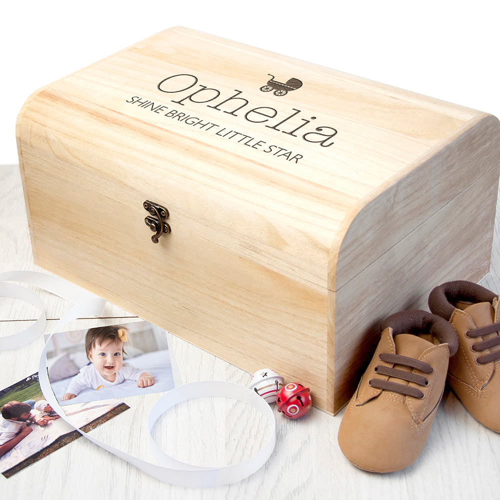 Personalised Personalised New Baby Keepsake Wooden Chest -  Pram