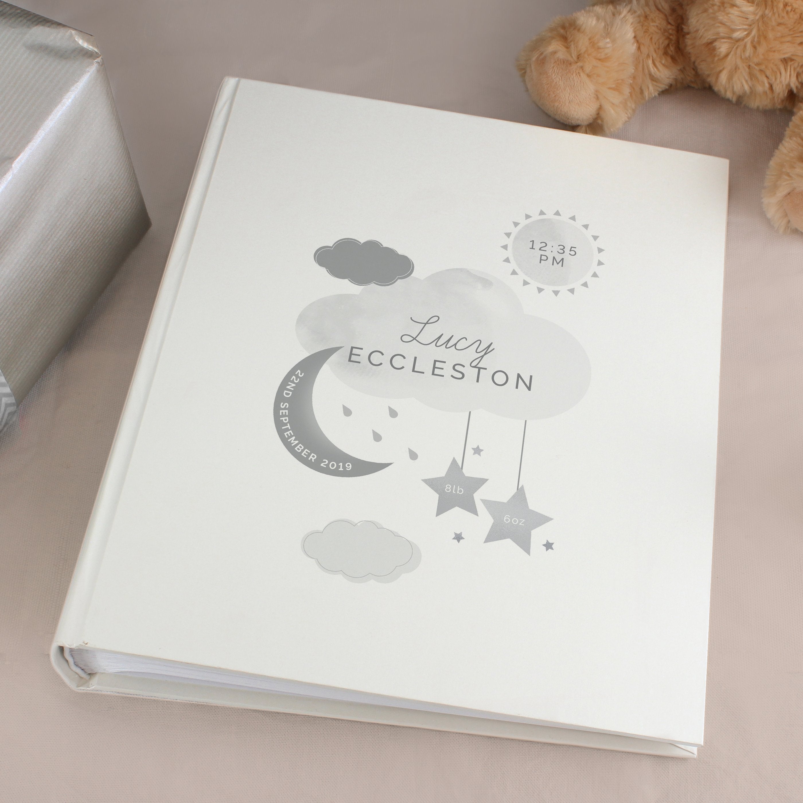 Personalised New Baby Moon & Stars Album With Sleeves