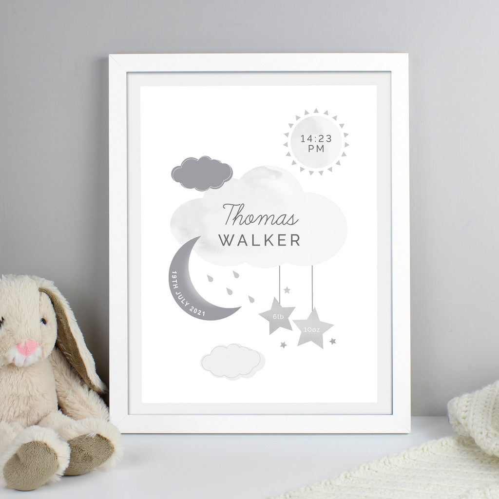 Personalised New Baby Moon & Stars White Framed Print