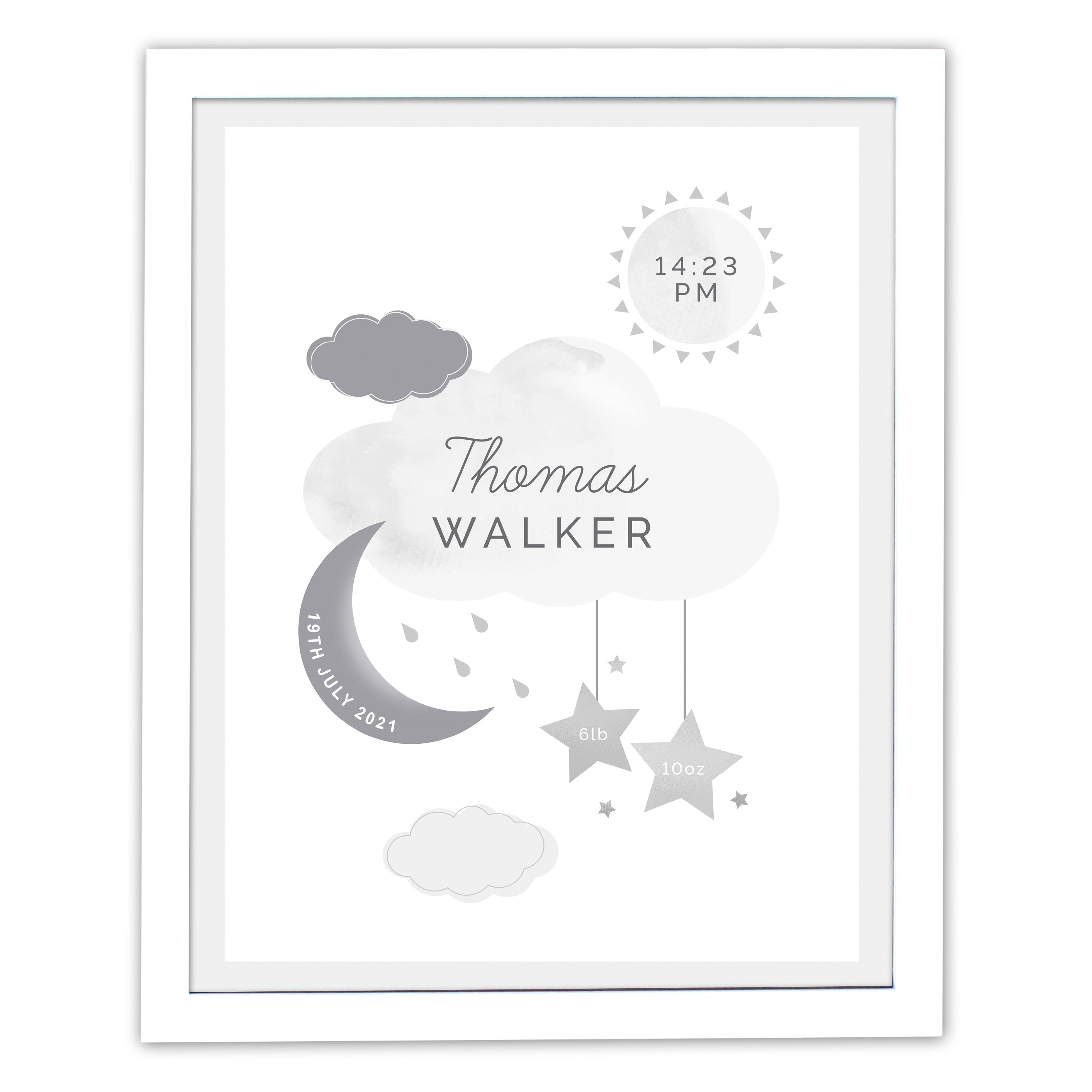 Personalised New Baby Moon & Stars White Framed Print