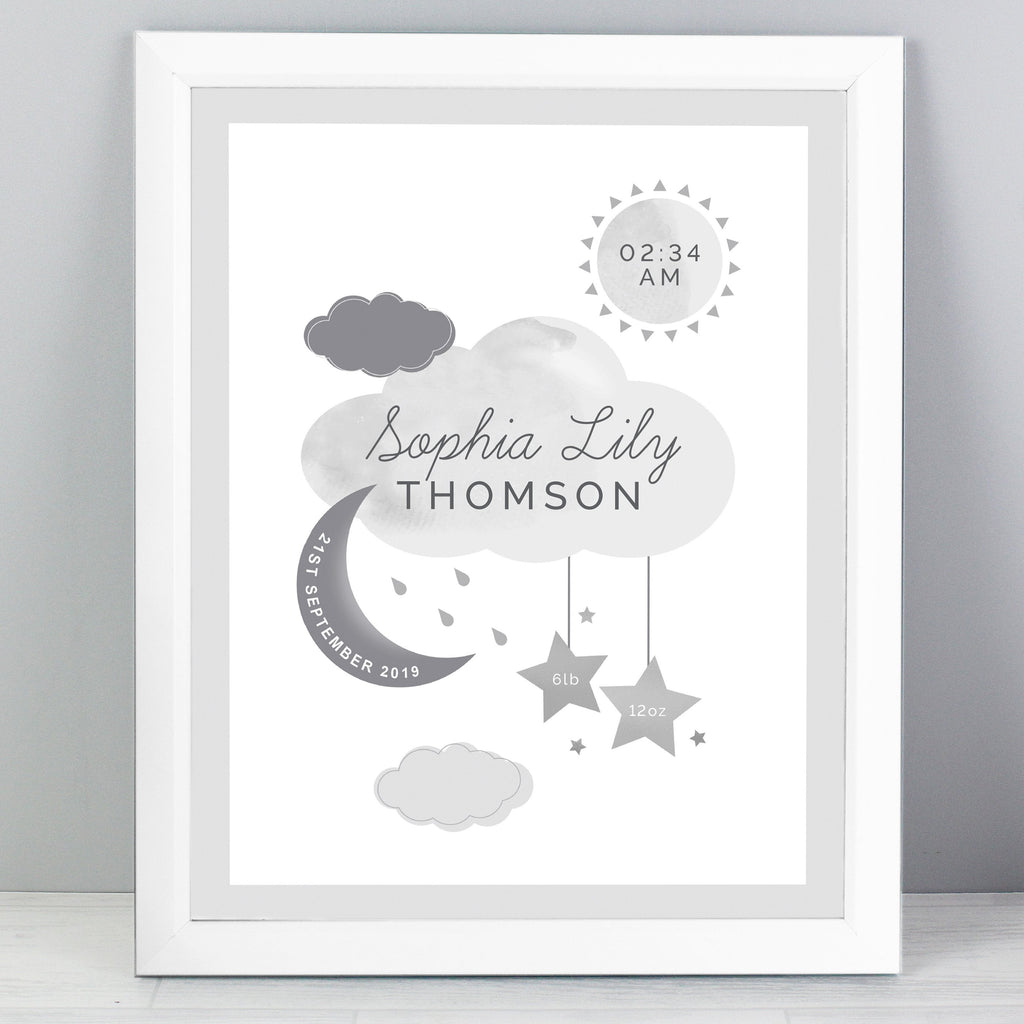 Personalised New Baby Moon & Stars White Framed Print