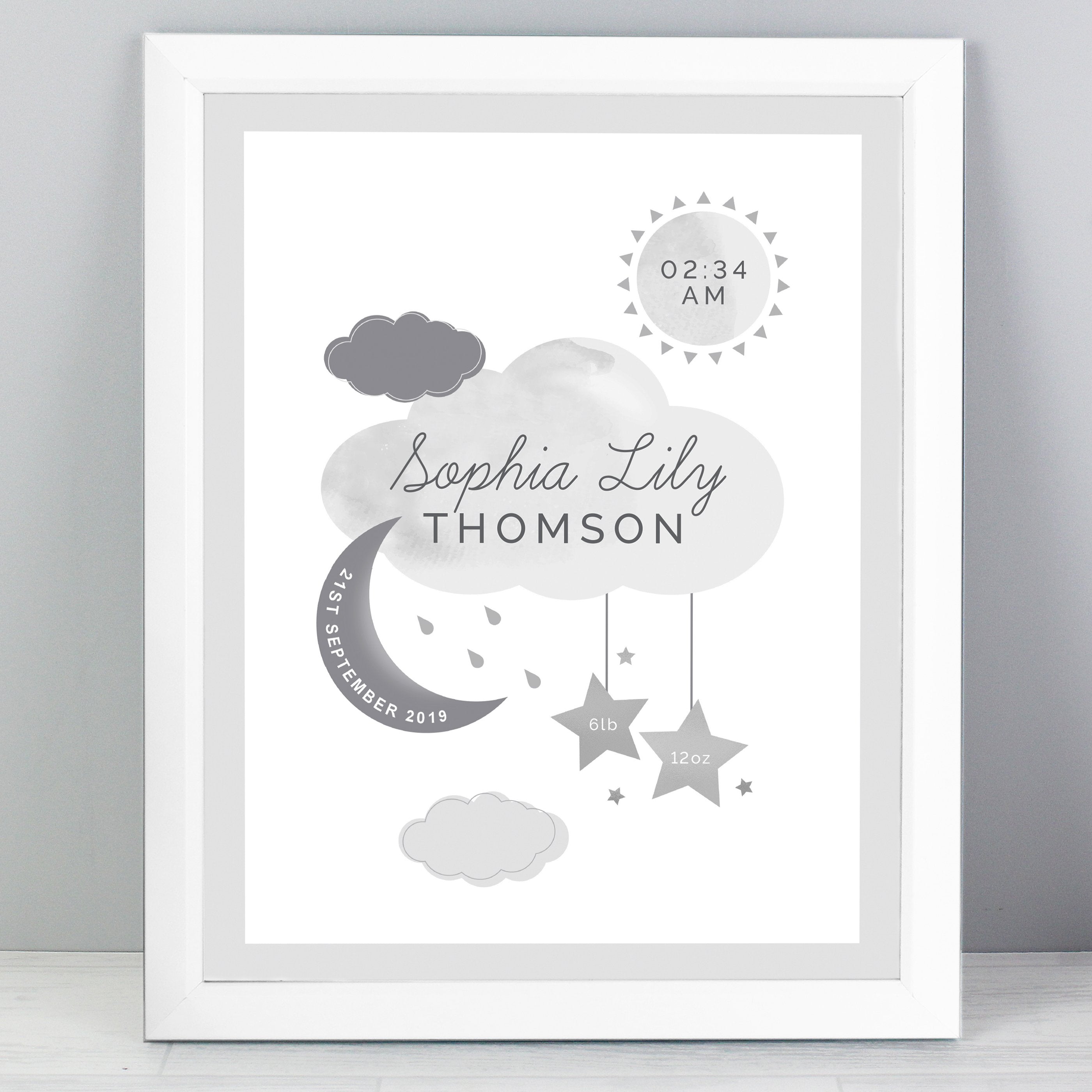 Personalised New Baby Moon & Stars White Framed Print