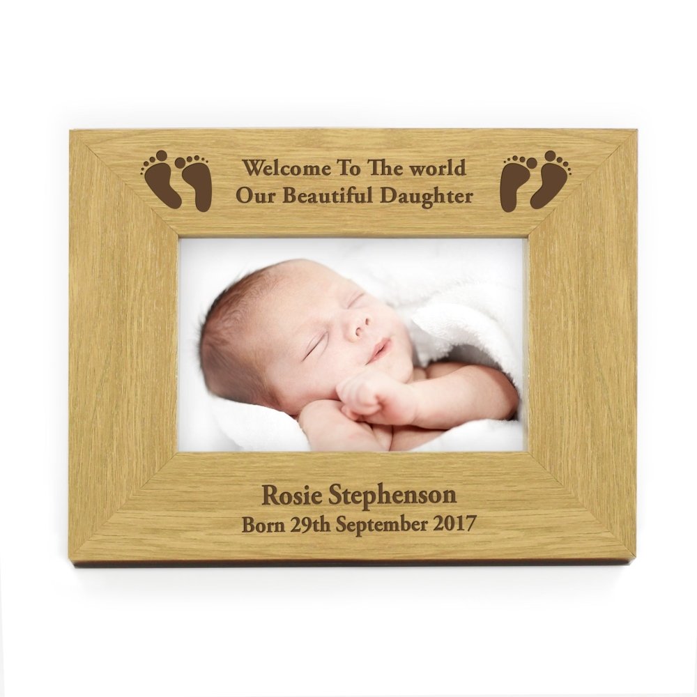 Personalised Oak Finish 6x4 Inch Landscape Baby Footprints Photo Frame
