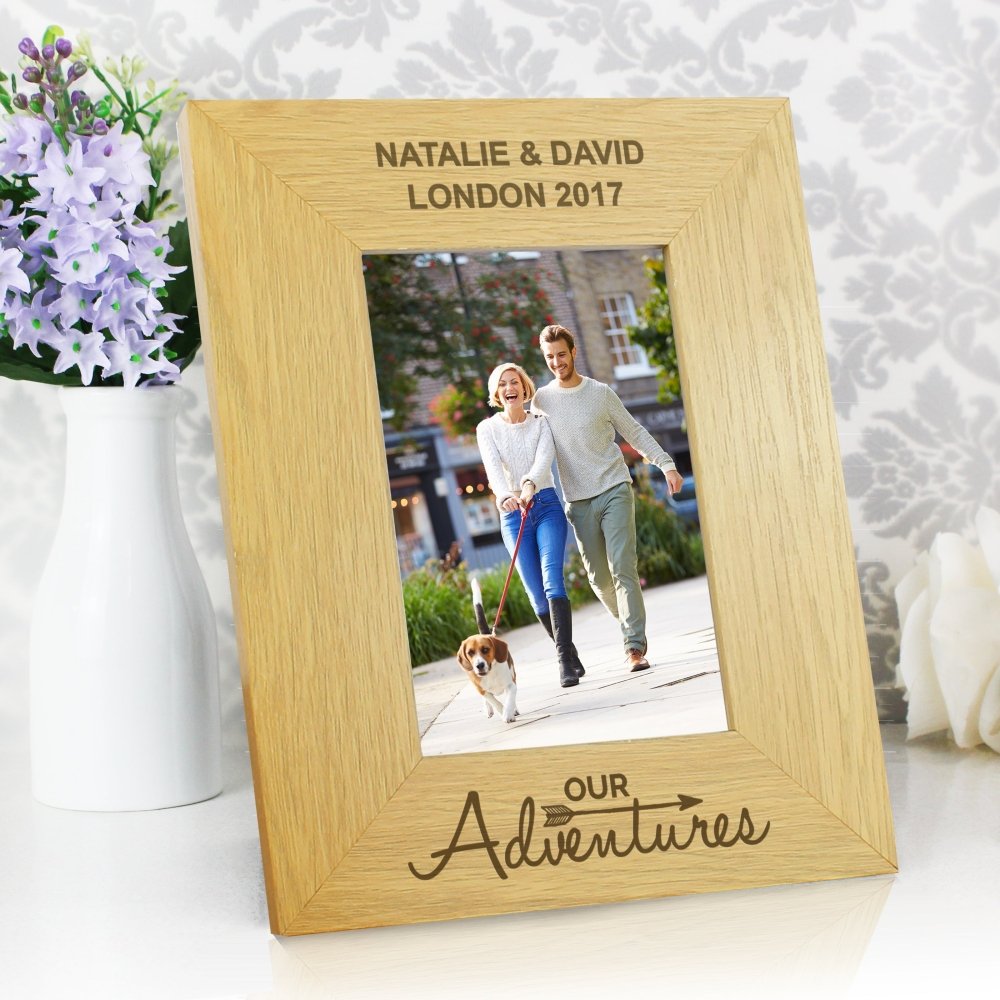Personalised Our Adventures 6x4 Inch Oak Finish Photo Frame