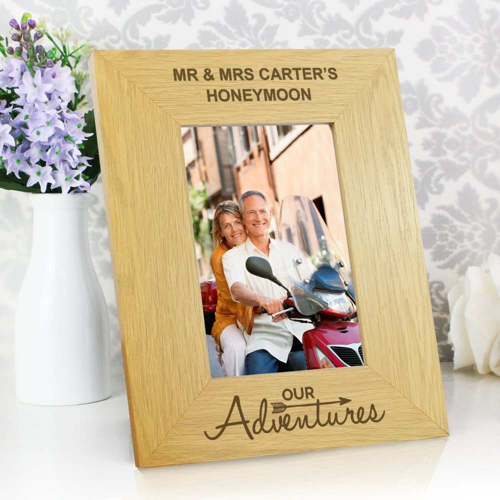 Personalised Our Adventures 6x4 Inch Oak Finish Photo Frame