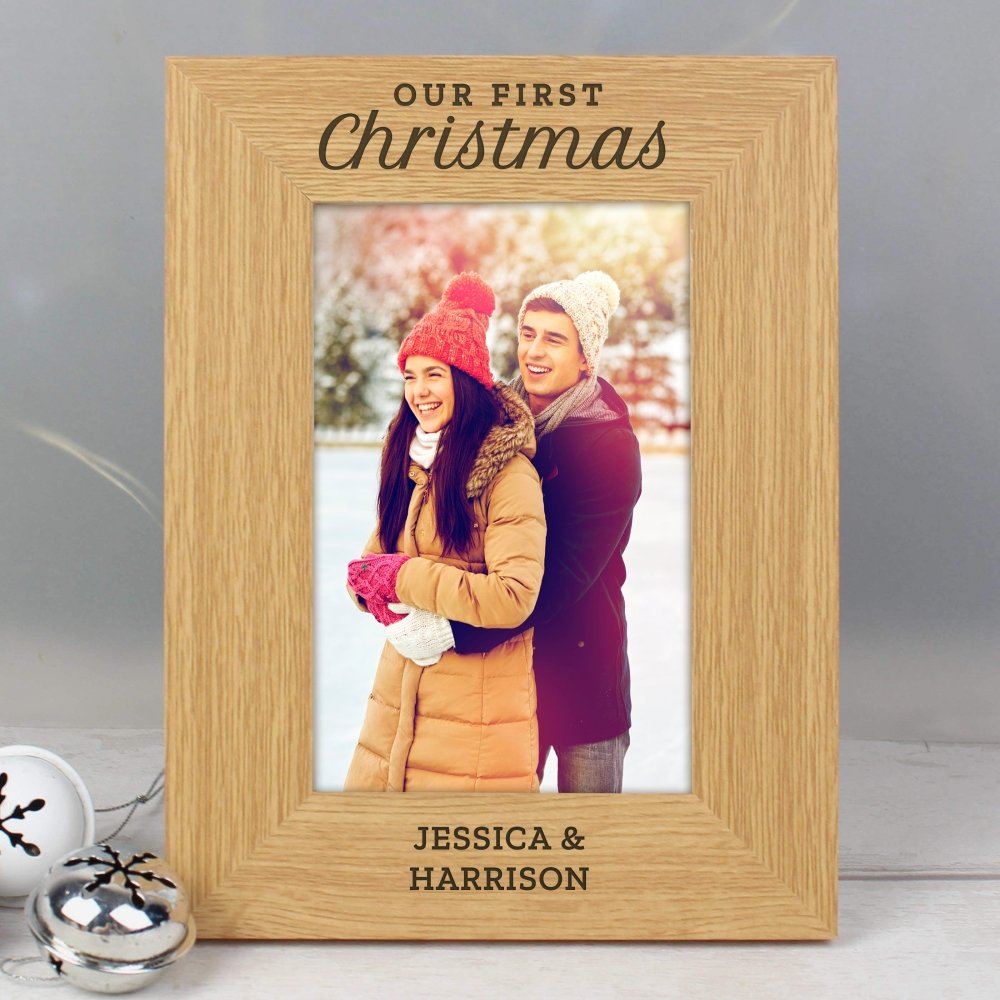 Personalised 'Our First Christmas' 6x4 Inch Oak Finish Photo Frame