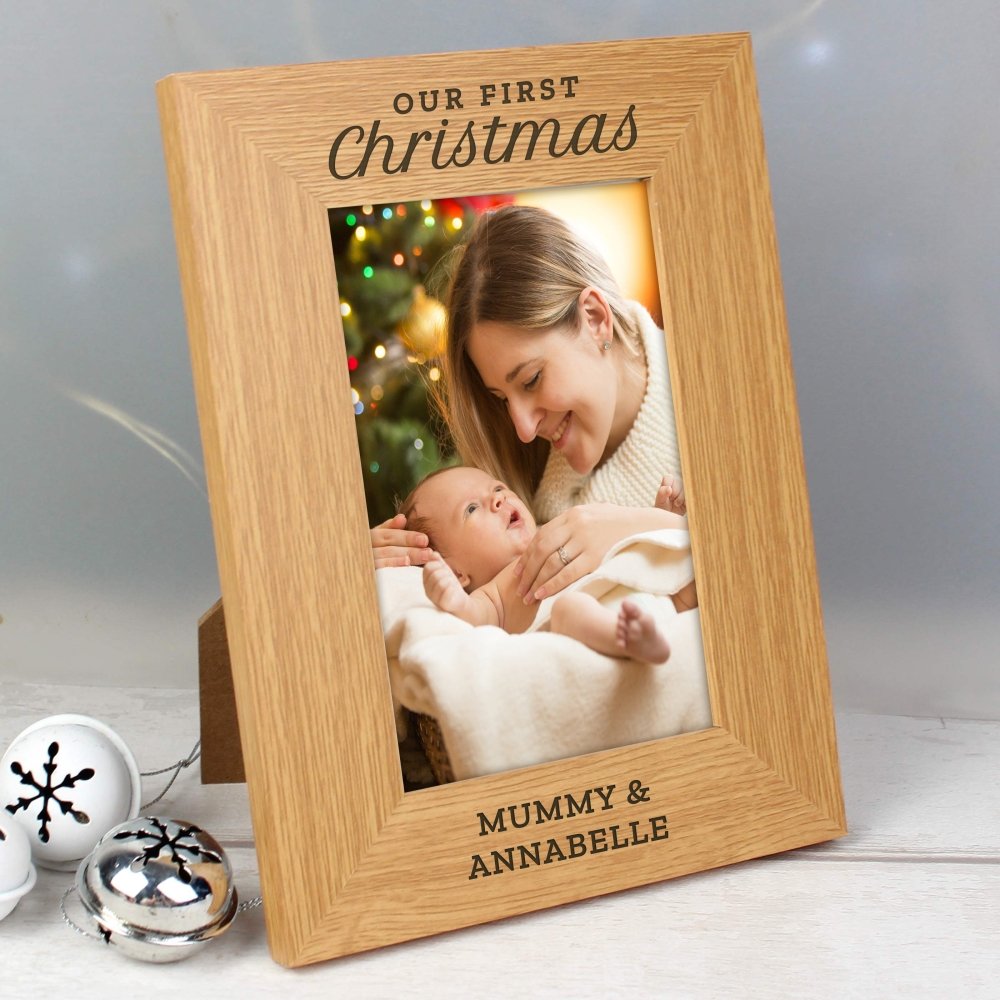 Personalised 'Our First Christmas' 6x4 Inch Oak Finish Photo Frame