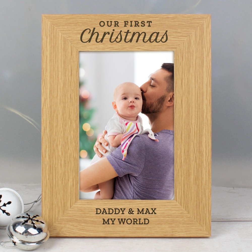Personalised 'Our First Christmas' 6x4 Inch Oak Finish Photo Frame
