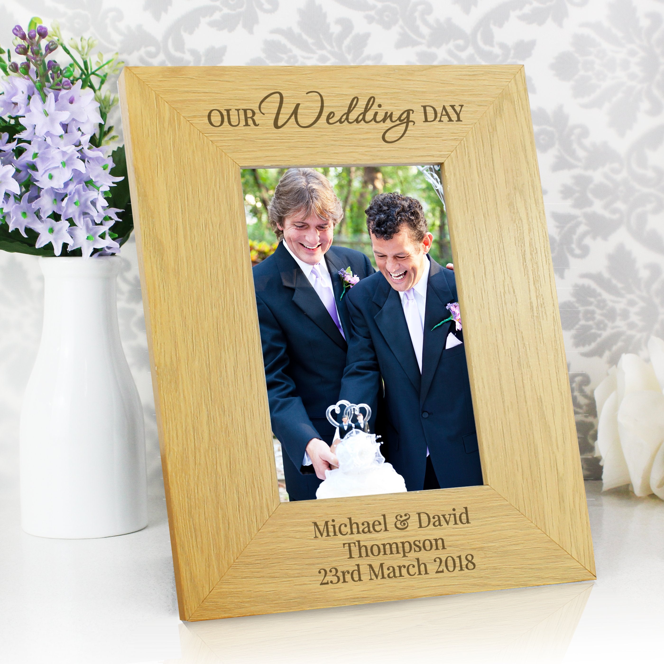 Personalised Our Wedding Day 4x6 Inch Oak Finish Photo Frame