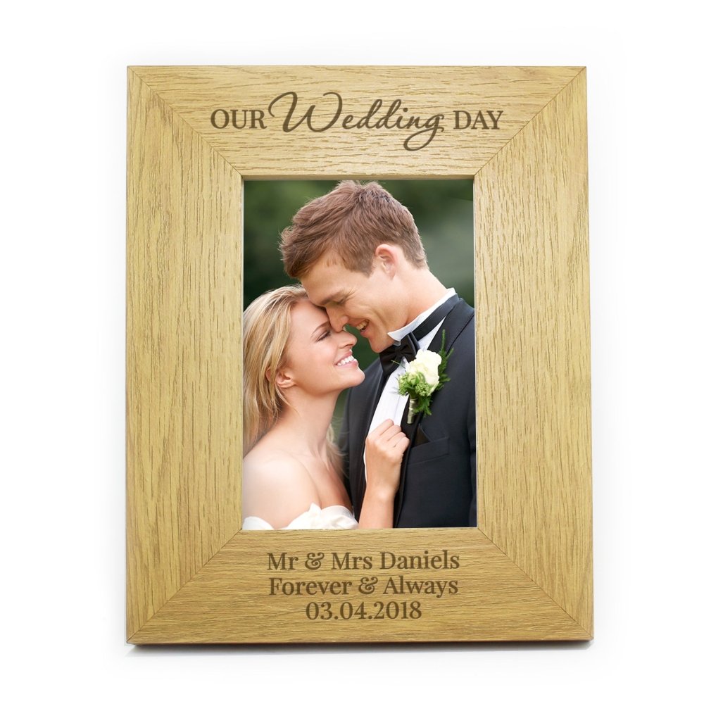 Personalised Our Wedding Day 6x4 Inch Oak Finish Photo Frame