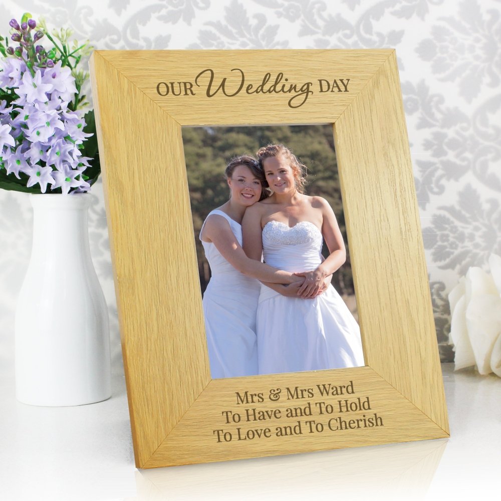Personalised Our Wedding Day 6x4 Inch Oak Finish Photo Frame