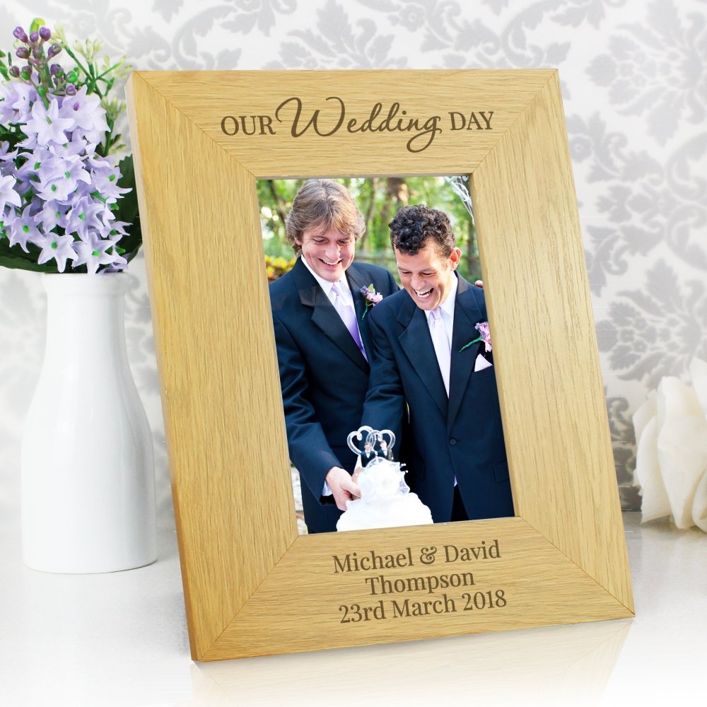 Personalised Our Wedding Day 6x4 Inch Oak Finish Photo Frame