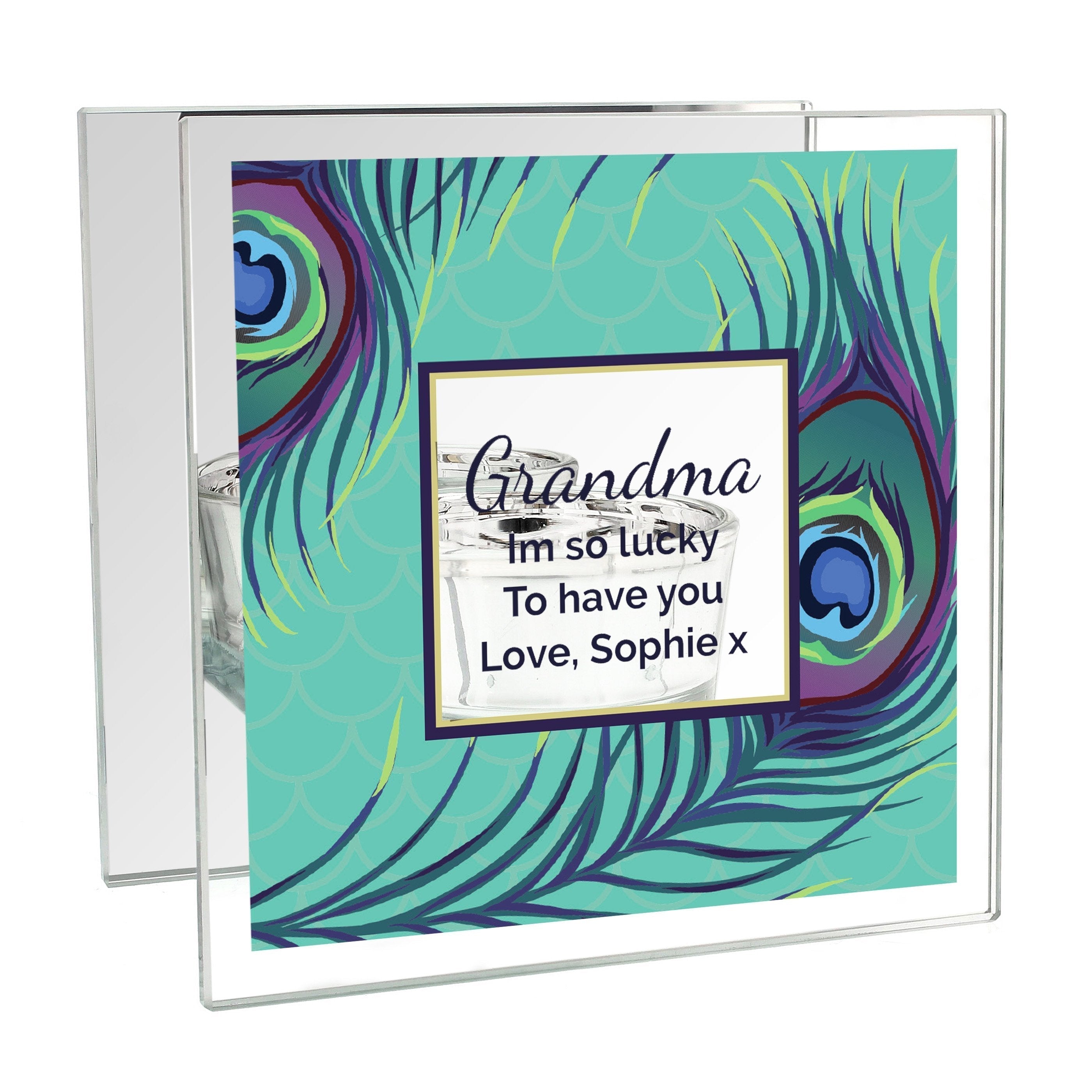 Personalised Peacock Mirrored Glass Tea Light Candle Holder