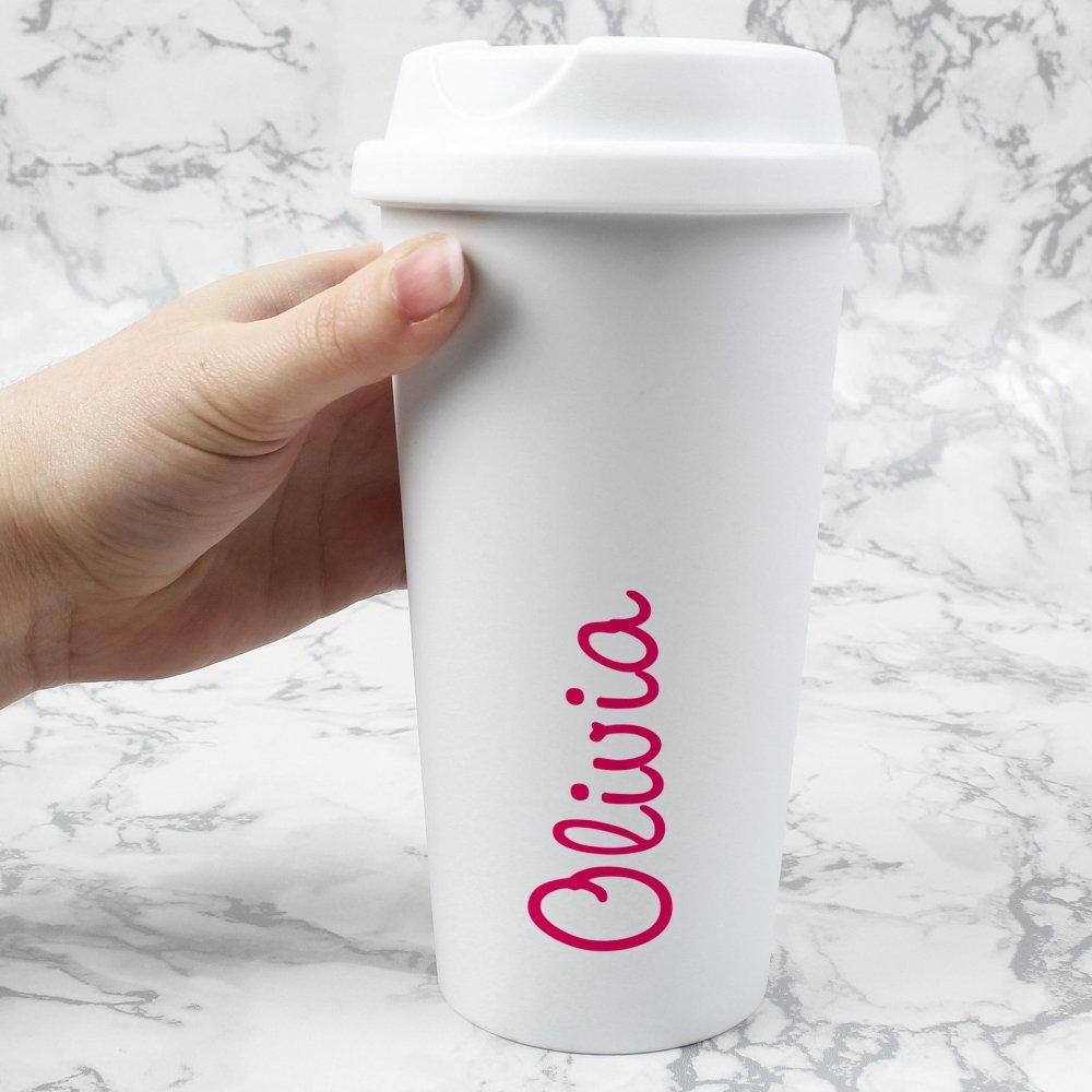 Personalised Pink Name Island Insulated Reusable Eco Travel Cup