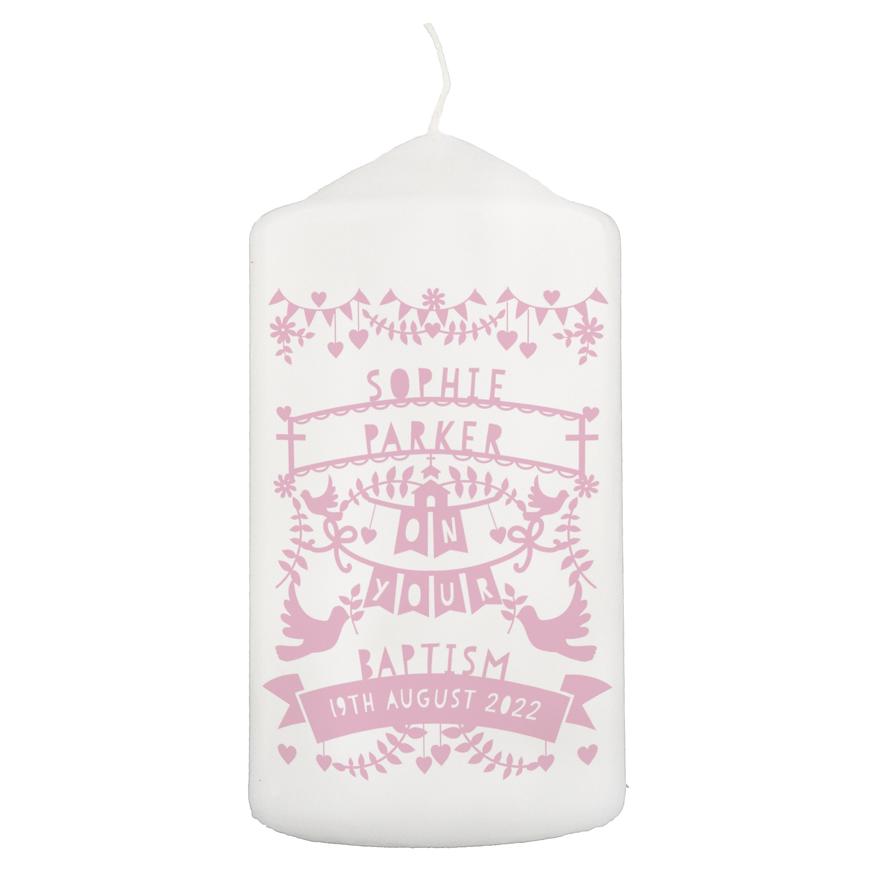 Personalised Pink Papercut Style Pillar Candle