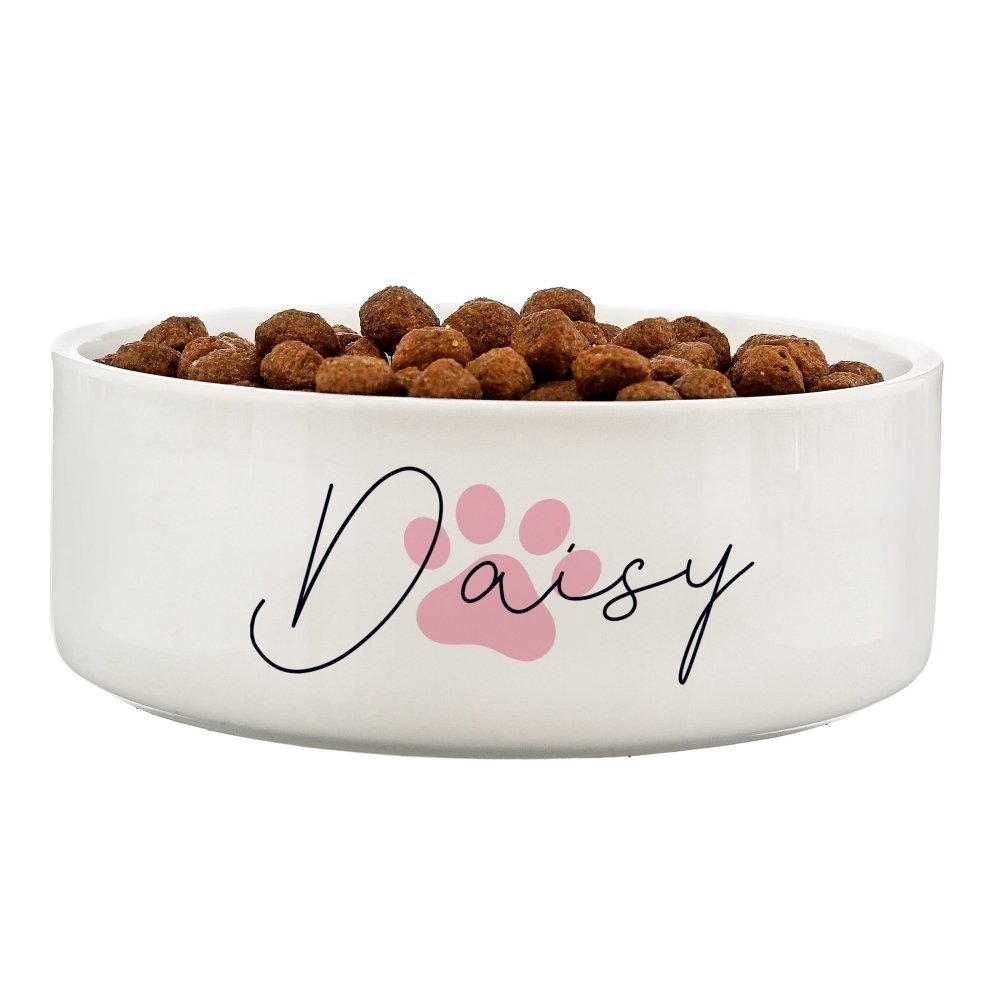 Personalised Pink Paw Print Name 14Cm Medium Pet Bowl