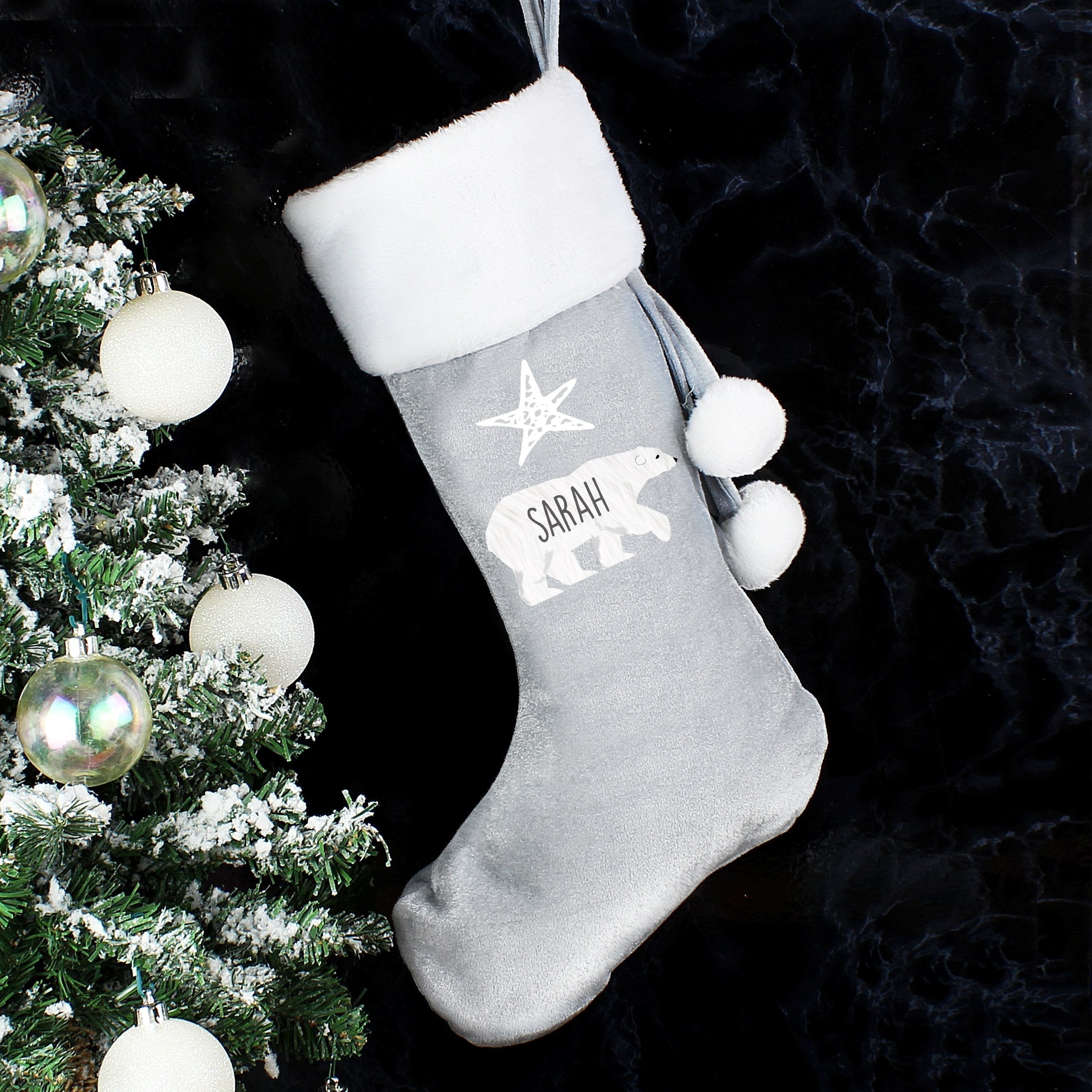 Personalised Polar Bear Luxury Silver Grey Stocking