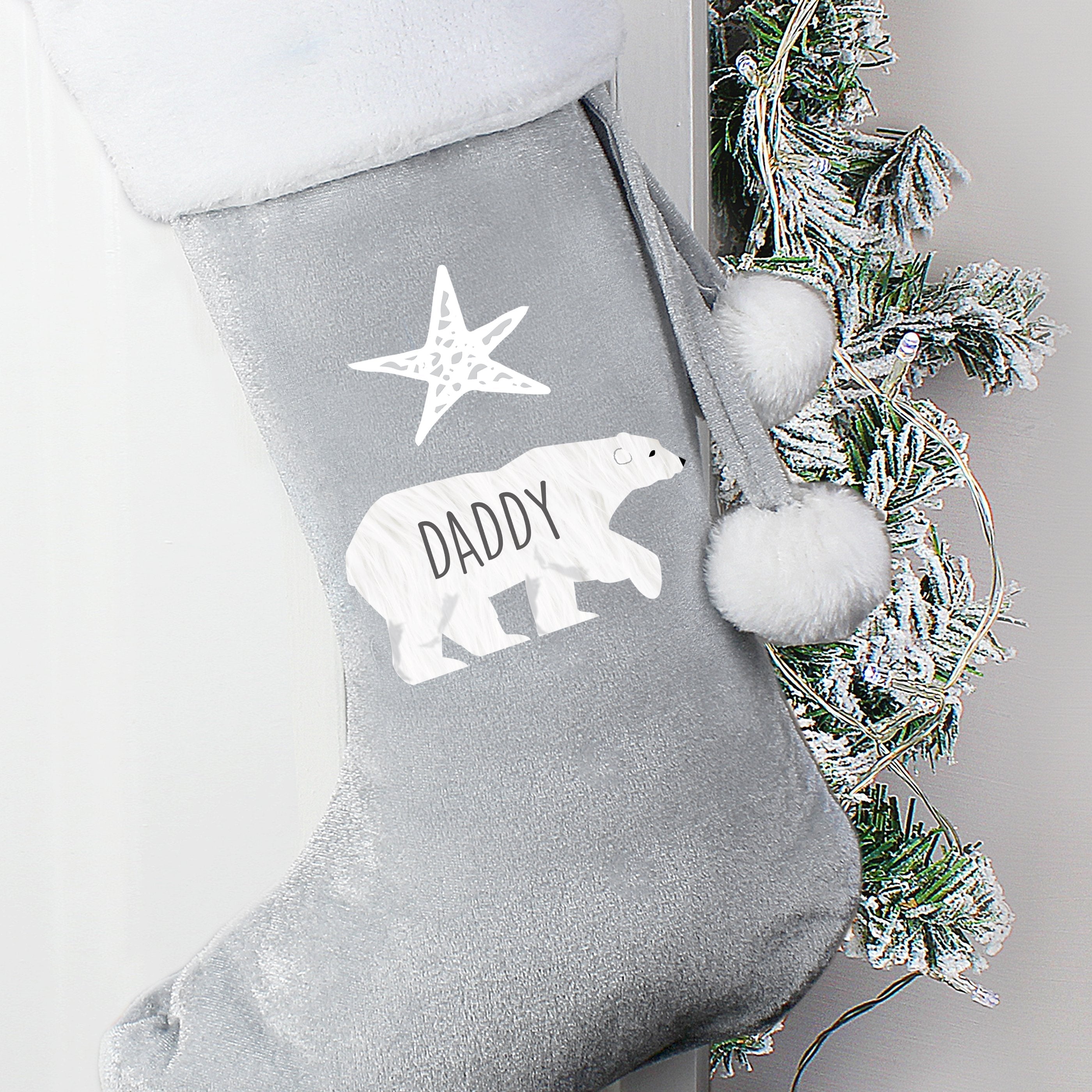 Personalised Polar Bear Luxury Silver Grey Stocking