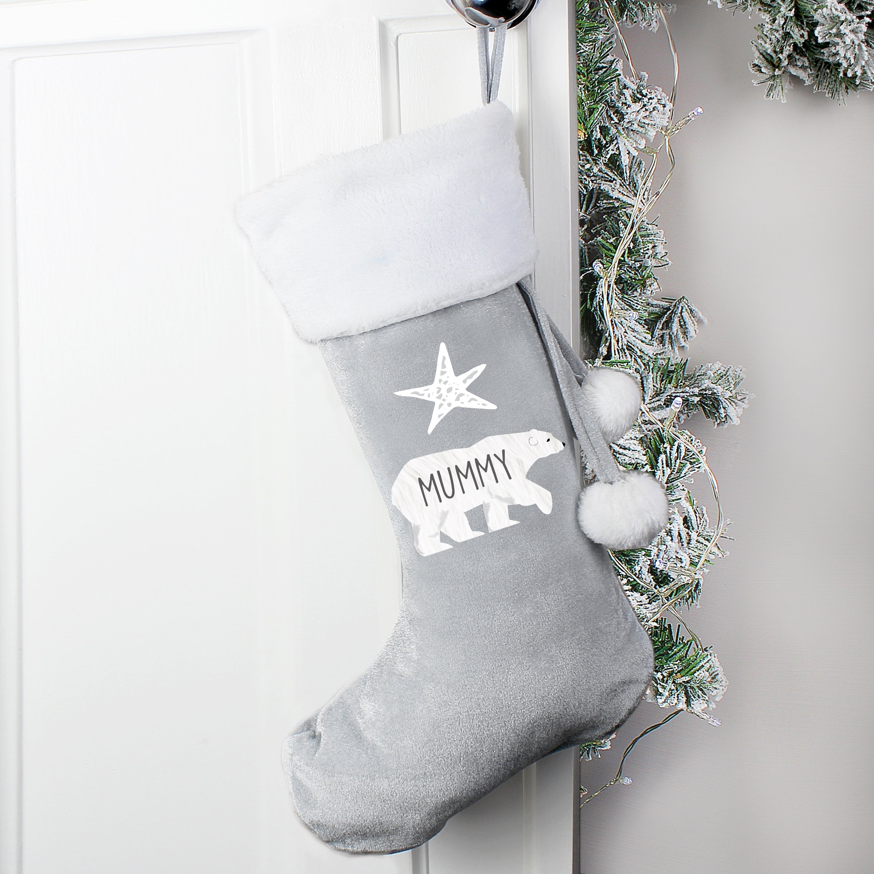 Personalised Polar Bear Luxury Silver Grey Stocking