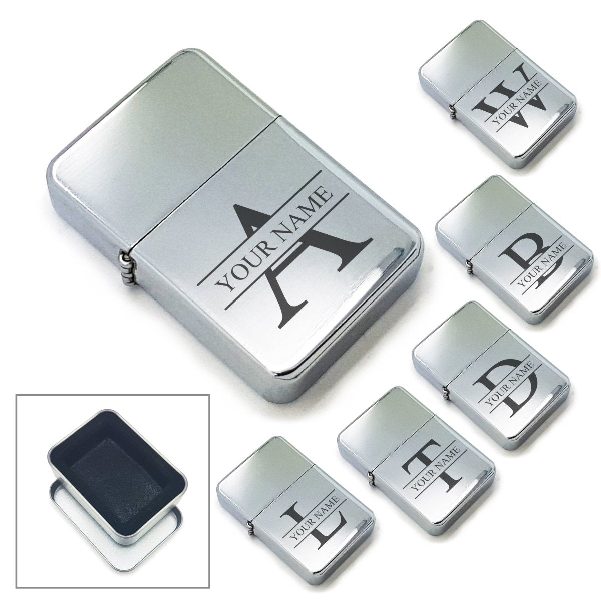 Personalised polished steel lighter with choice of Initial and Name
