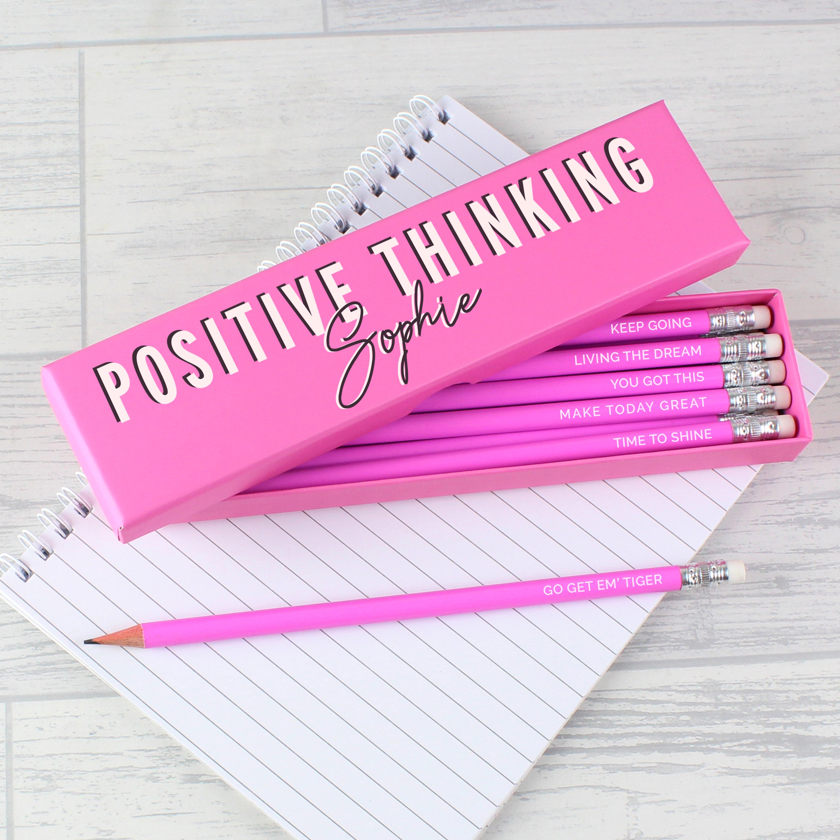 Personalised Positive Thinking Box And 12 Pink Hb Pencils