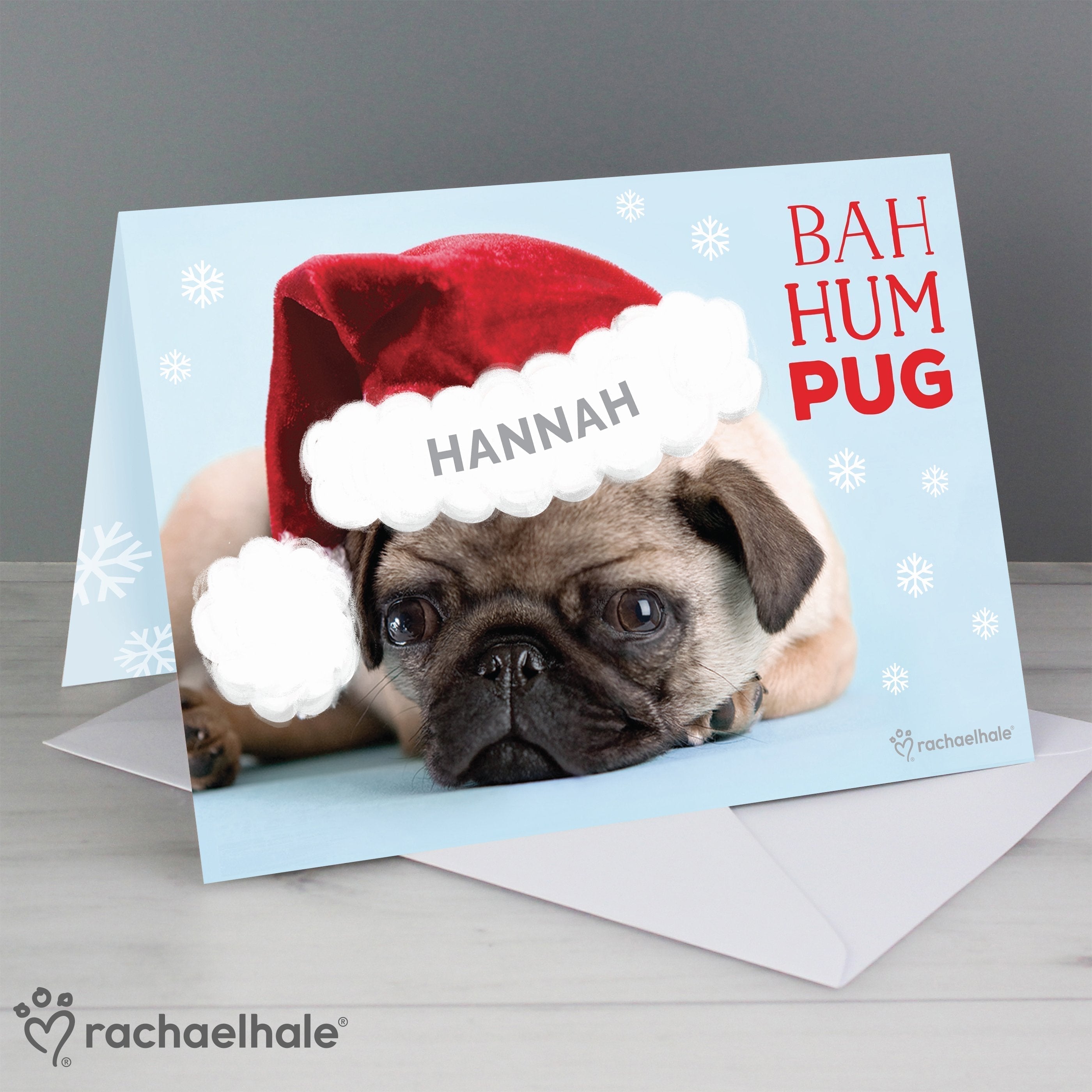 Personalised Rachael Hale Christmas Bah Hum Pug Card