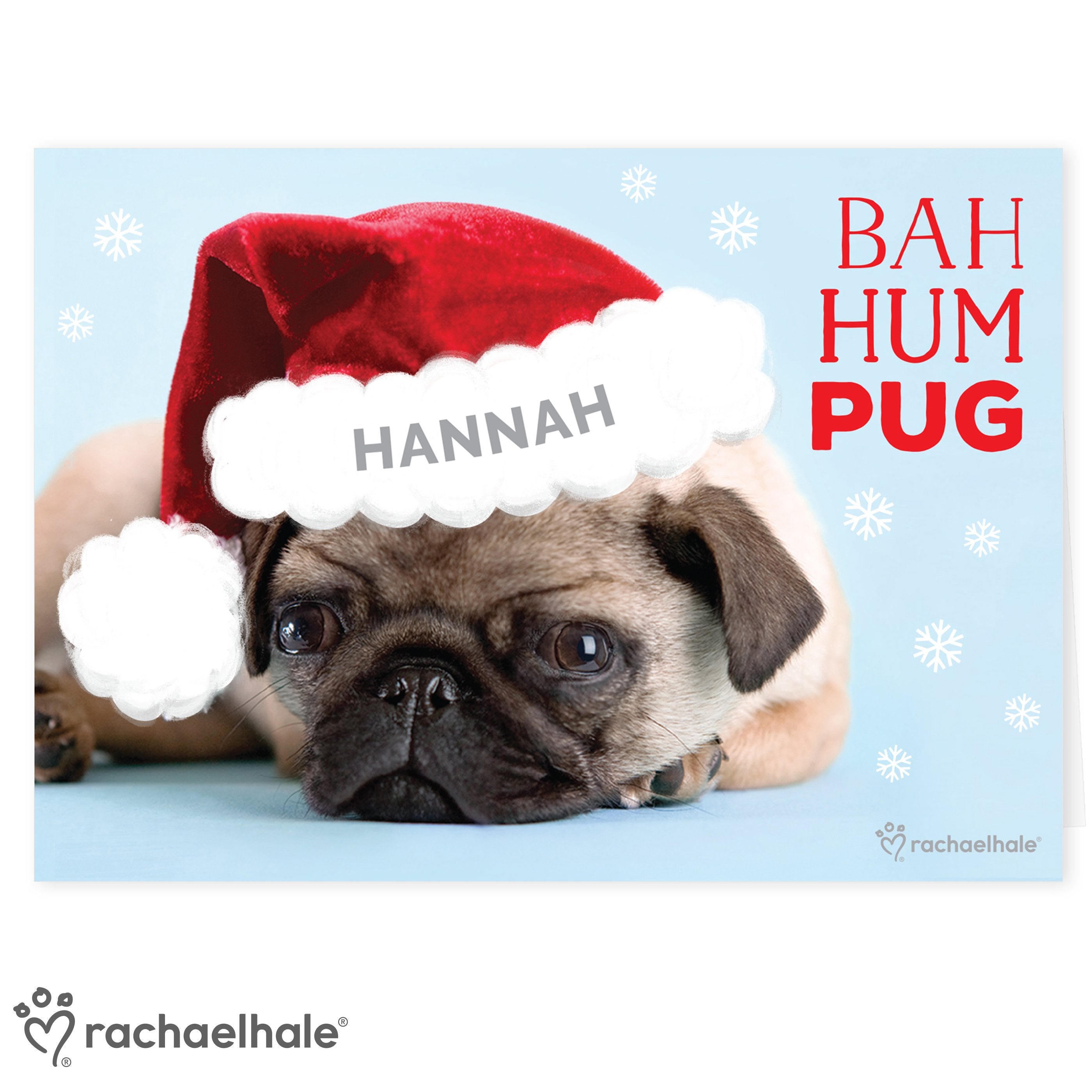 Personalised Rachael Hale Christmas Bah Hum Pug Card