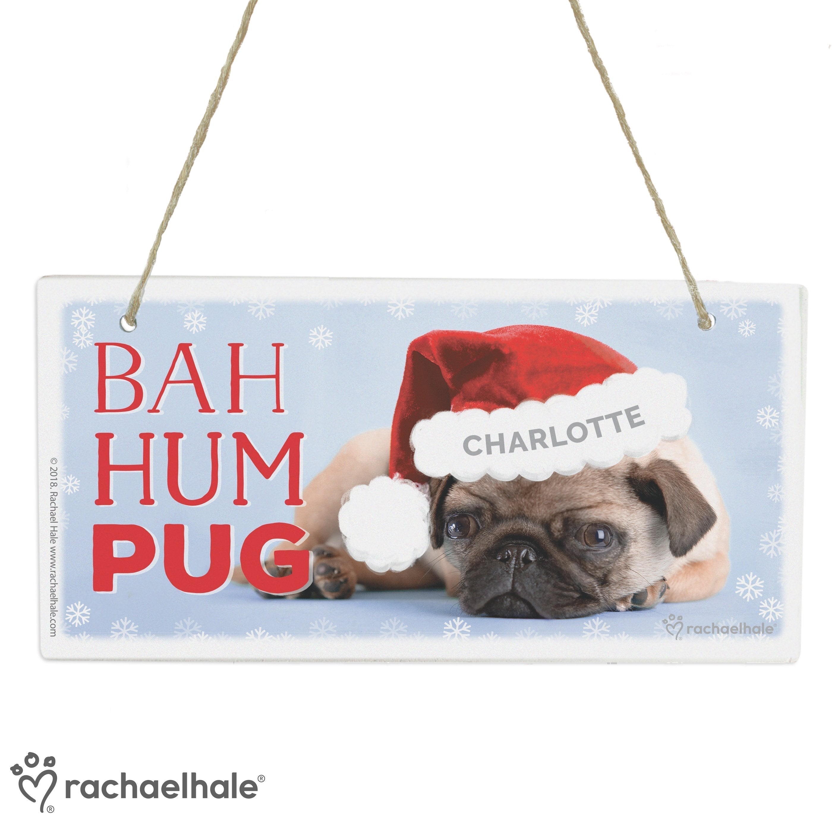 Personalised Rachael Hale Christmas Bah Hum Pug Wooden Sign