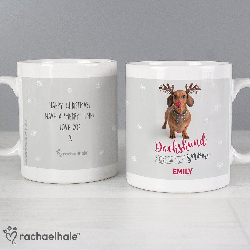 Personalised Rachael Hale Christmas Dachshund Through The Snow Mug