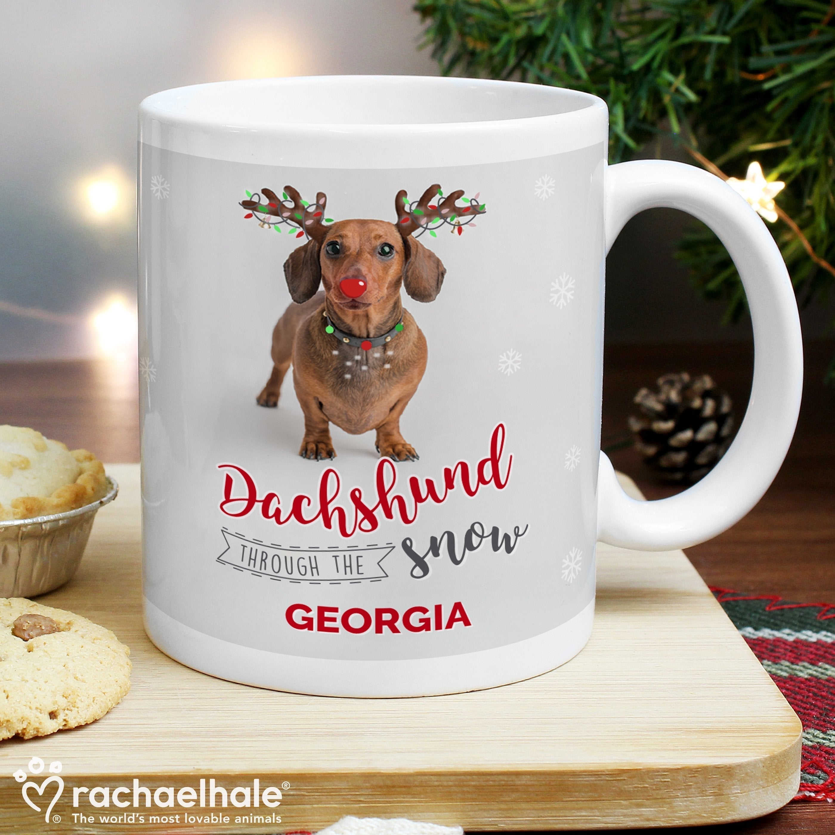 Personalised Rachael Hale Christmas Dachshund Through The Snow Mug