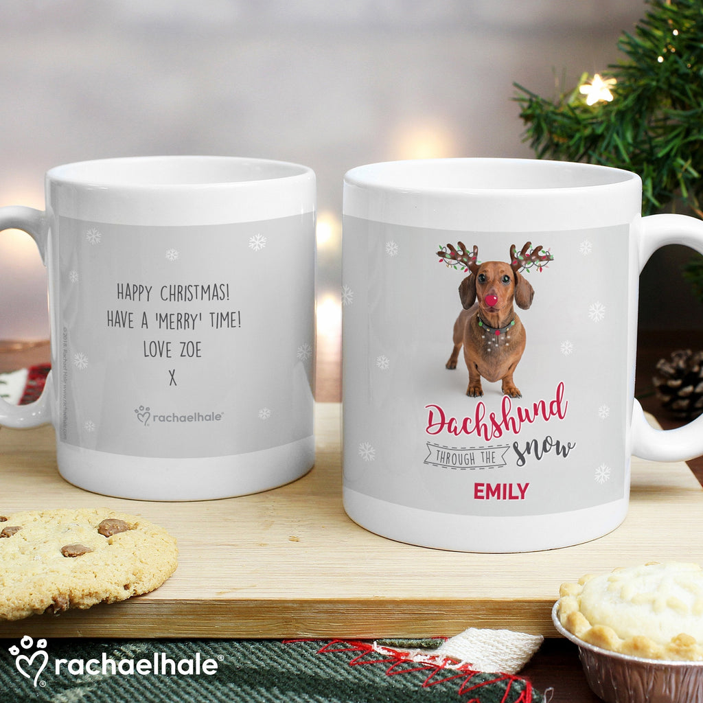 Personalised Rachael Hale Christmas Dachshund Through The Snow Mug