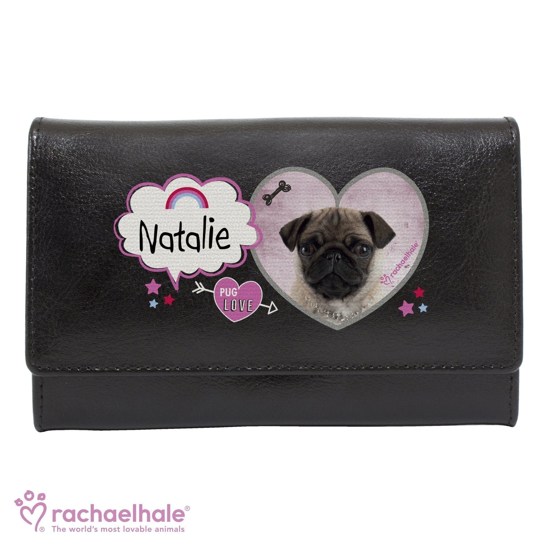 Personalised Rachael Hale Doodle Pug Black Purse