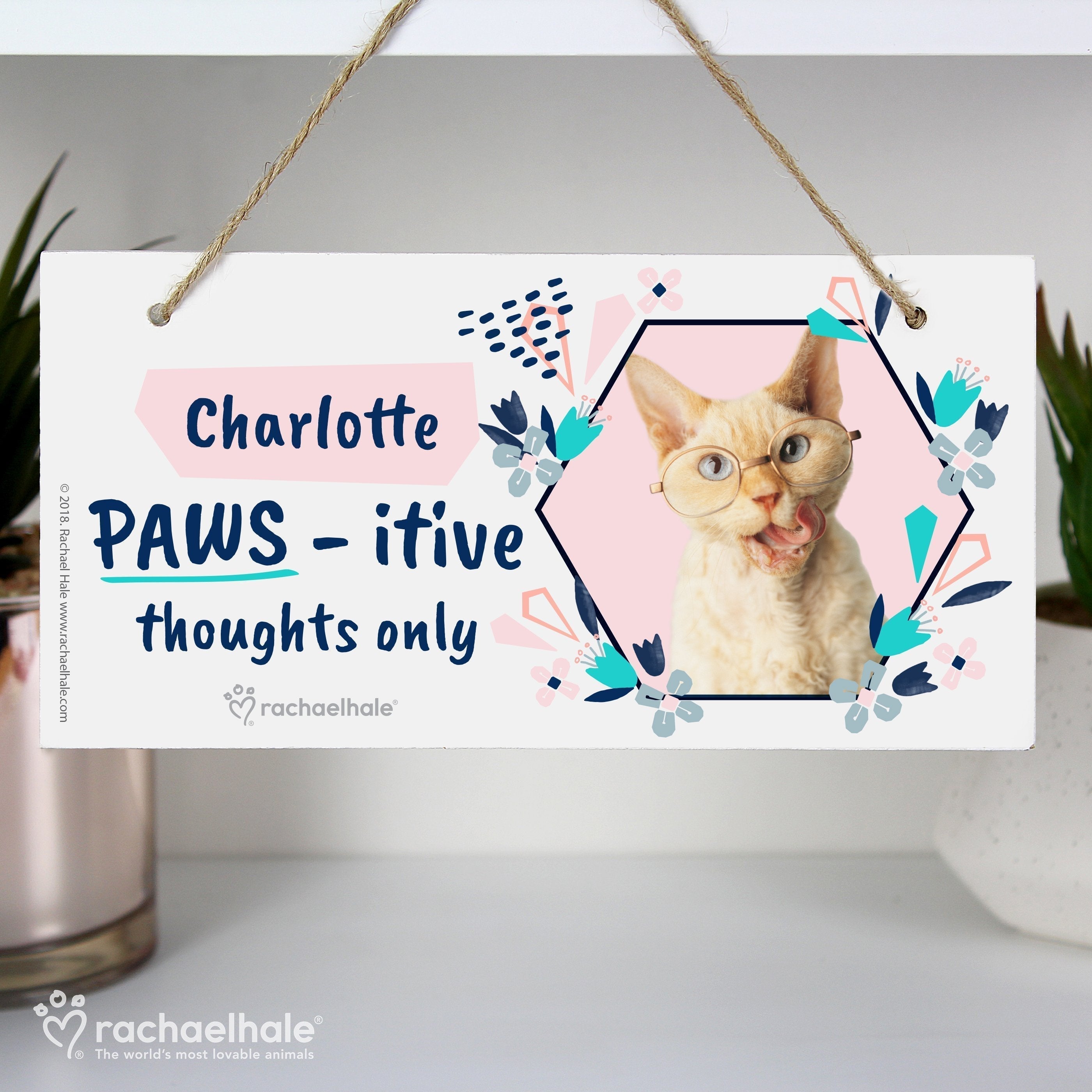 Personalised Rachael Hale 'Paws - Itive Thoughts Only' Cat Wooden Sign