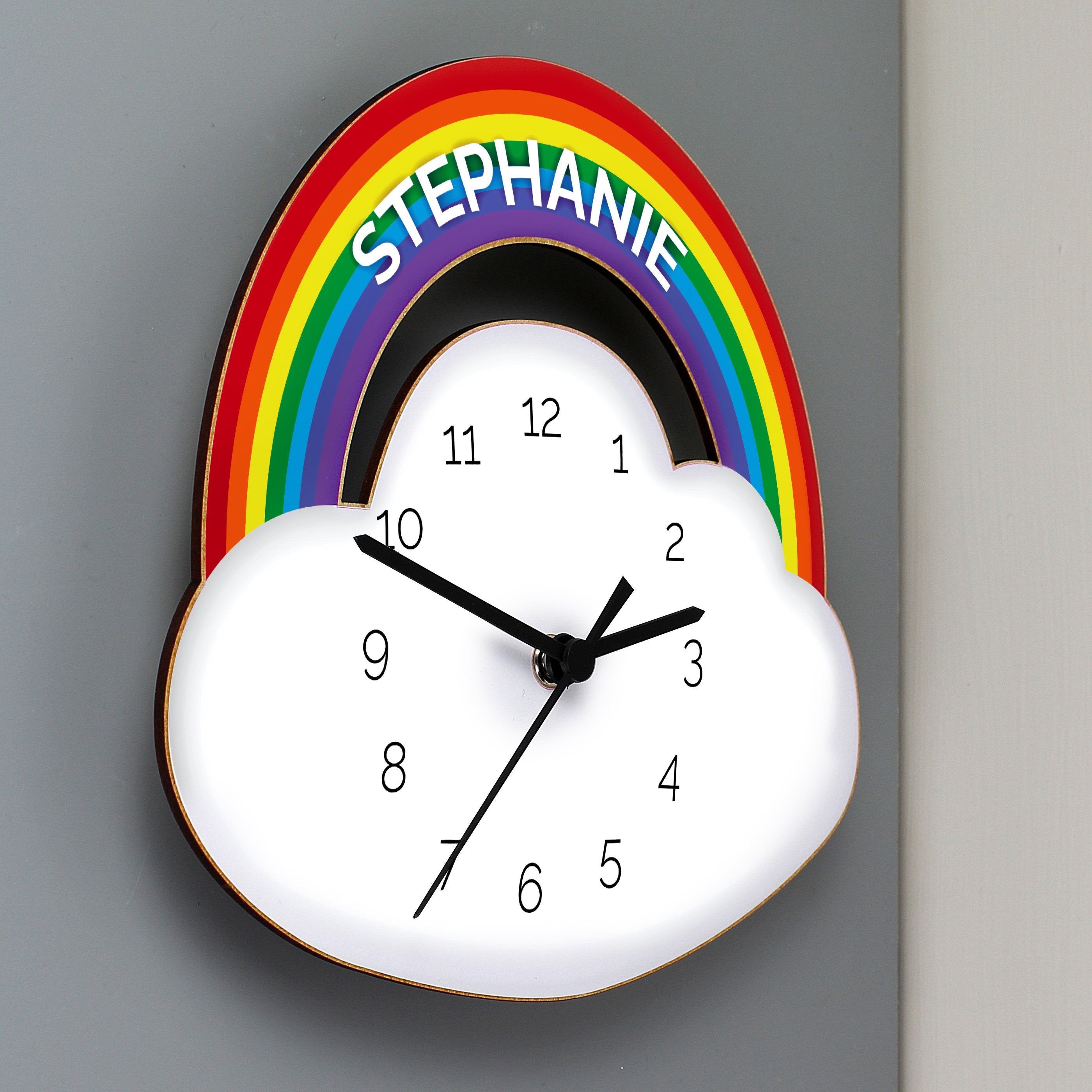Personalised Rainbow And Cloud Shape Wooden Clock