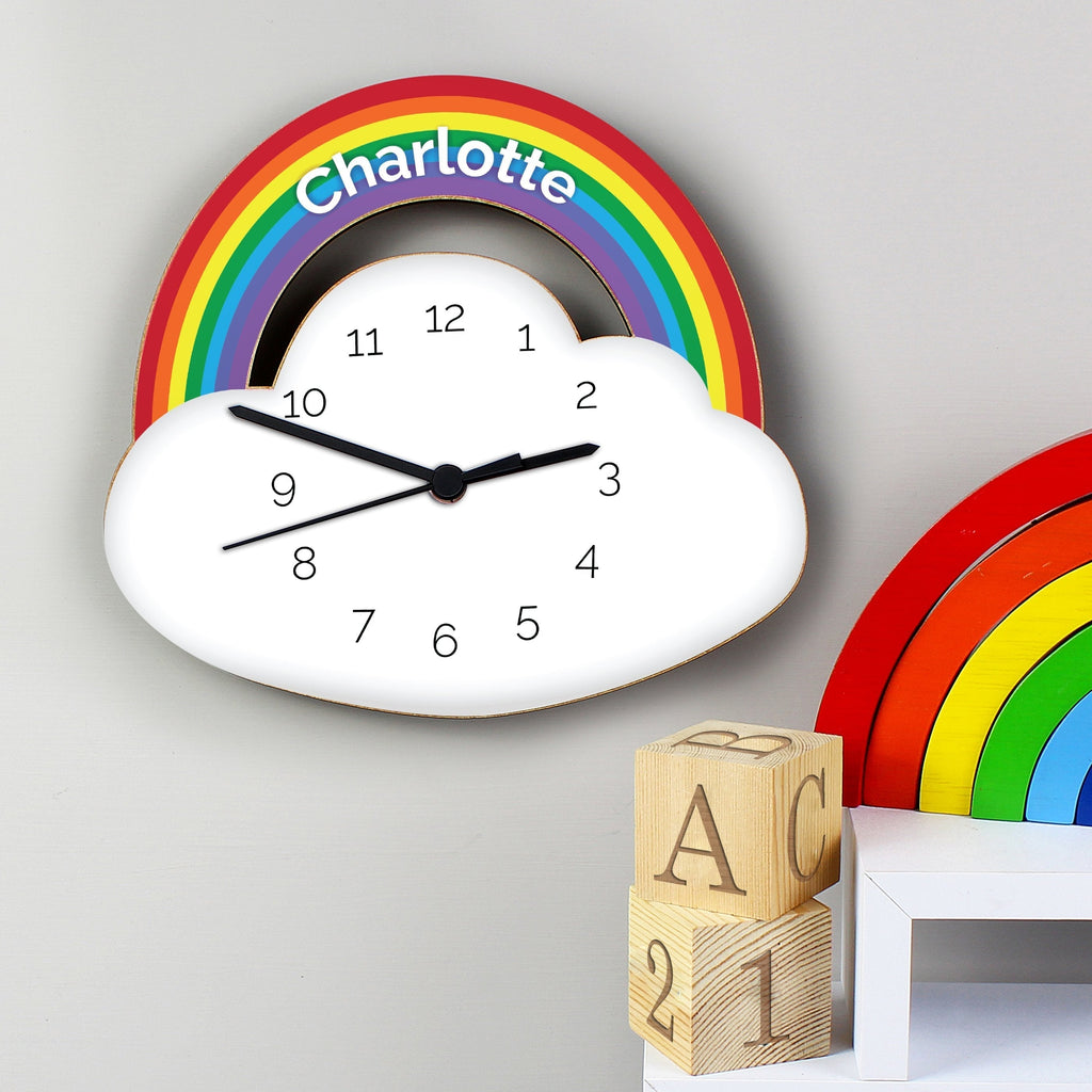 Personalised Rainbow And Cloud Shape Wooden Clock