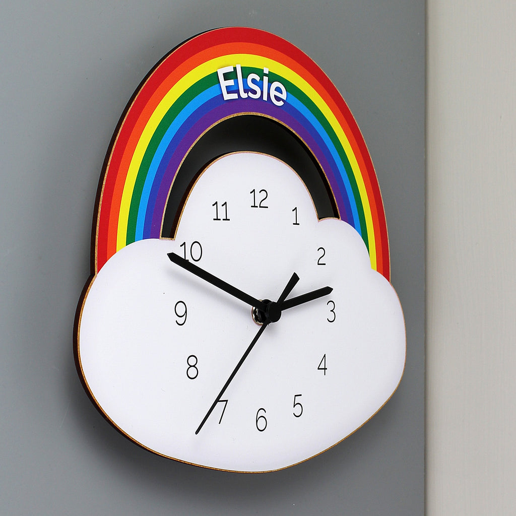 Personalised Rainbow And Cloud Shape Wooden Clock