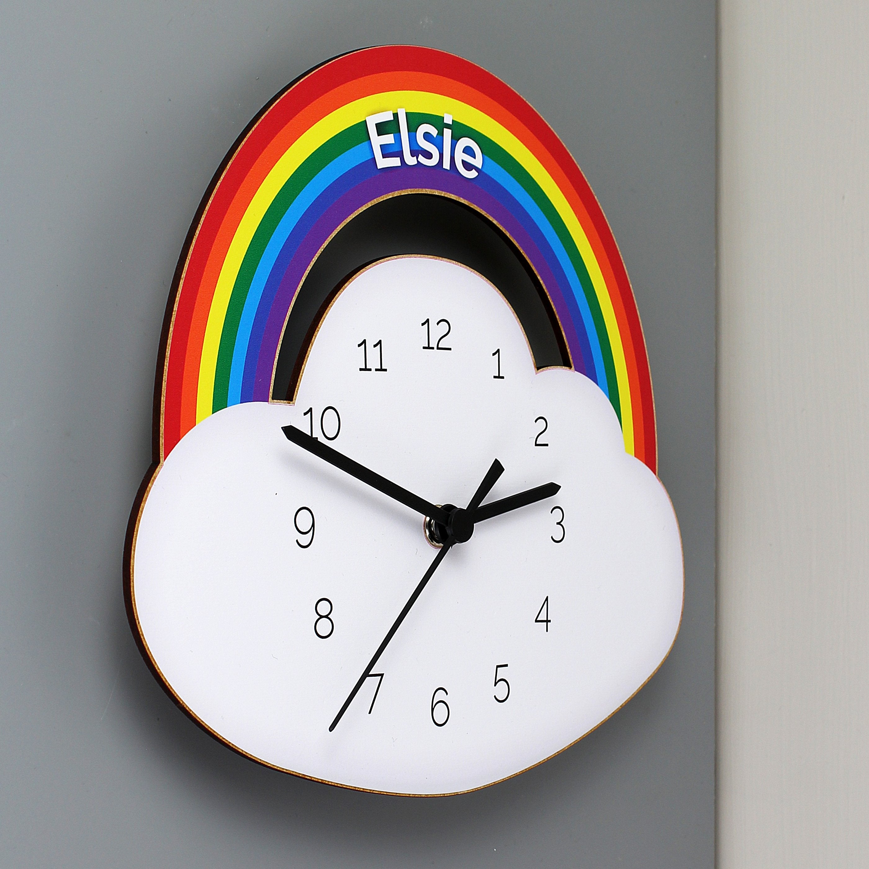 Personalised Rainbow And Cloud Shape Wooden Clock